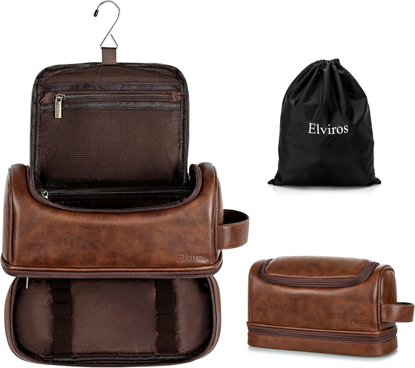 Elviros Toiletry Bag - Men's PU Leather Travel Organizer Kit | Large Water-Resistant Bathroom Shaving Bag (Dark Brown)