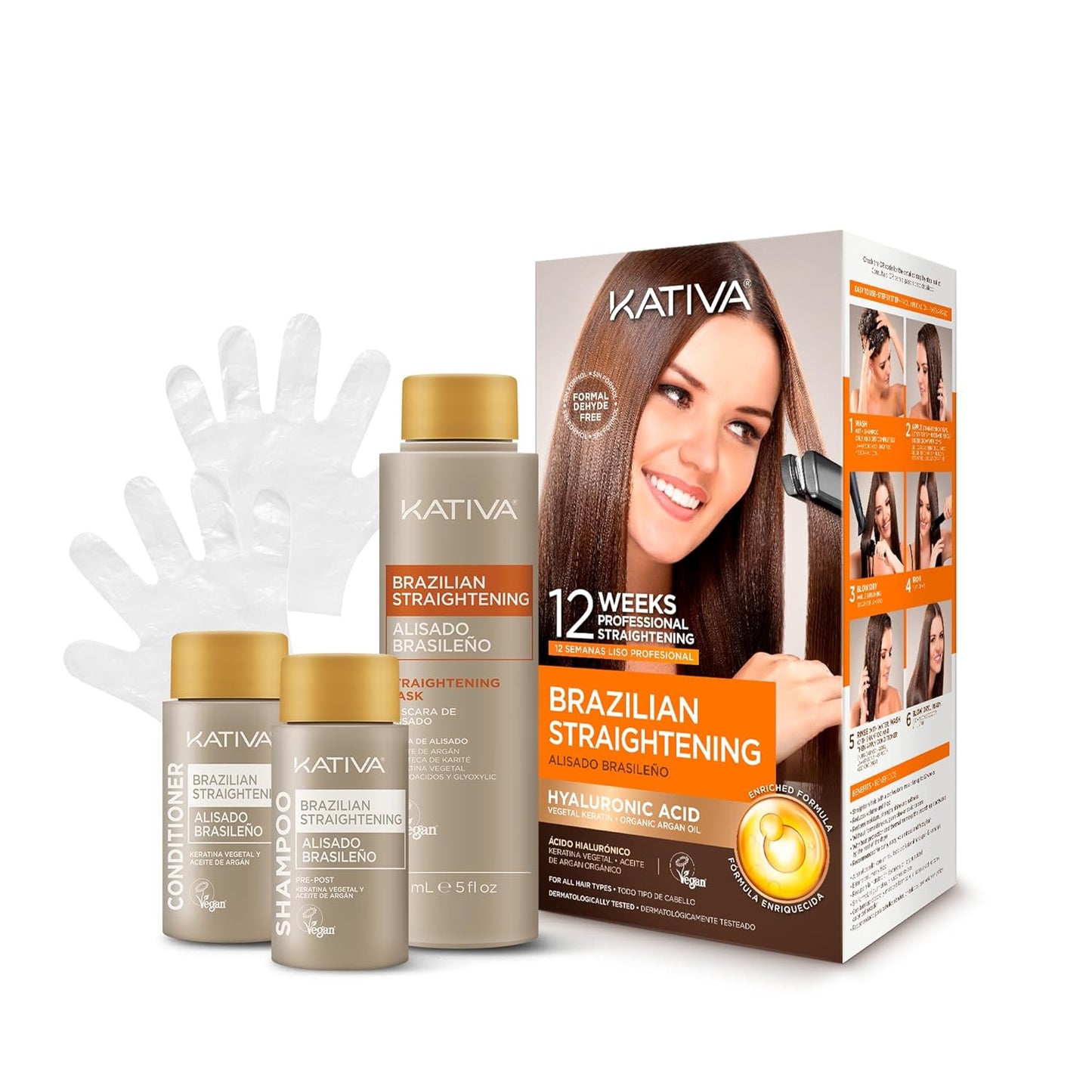 KATIVA Brazilian Keratin Treatment Kit - Formaldehyde-Free Hair Straightening with Hyaluronic Acid | 12 Weeks Frizz Control for Curly & Wavy Hair