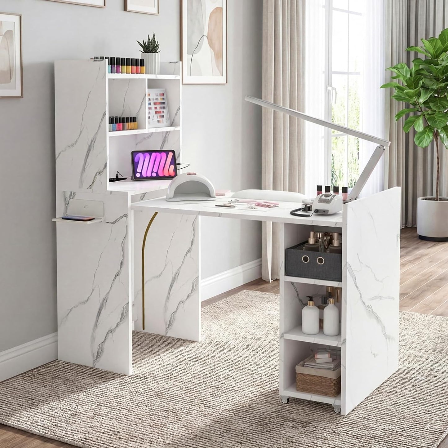 Foldable Manicure Table - Extendable Nail Station with Charging Station & Storage | Modern White Design for Home & Office
