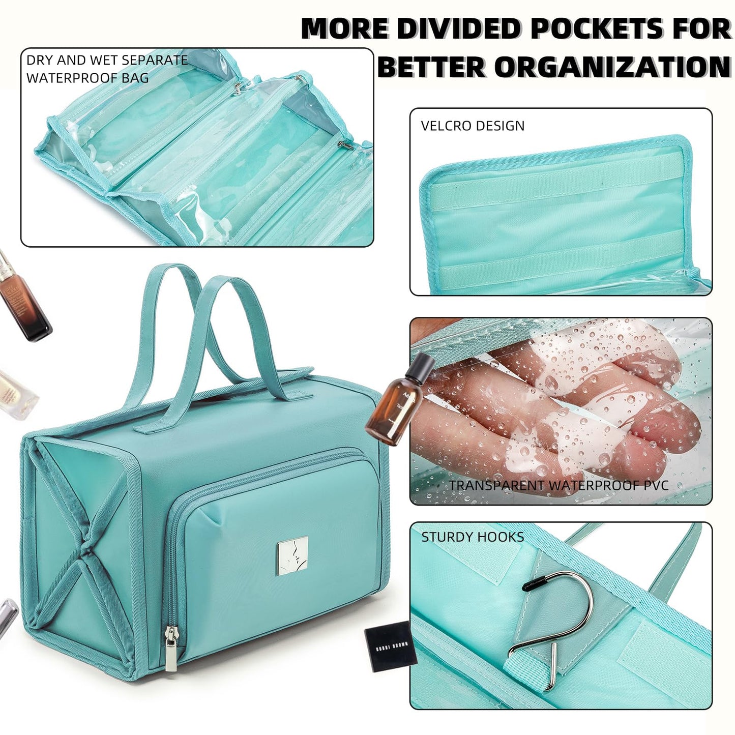 ROYALFAIR Roll Up Makeup Bag, Waterproof Toiletry Bag for Women, Hanging Travel Organizer with Jewelry Organizer Compartment, Extra Large 4 Clear TSA Approved (light blue)