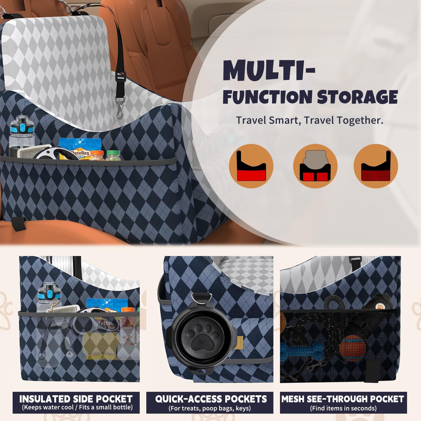 Dog Car Seat for Small/Medium Dogs up to 35lbs, 4-Pocket Storage Memory Foam Dog Booster Seat, Detachable Washable Pet Car Seat with Safety Belt, Outdoor & Indoor Use (Blue/Grey)