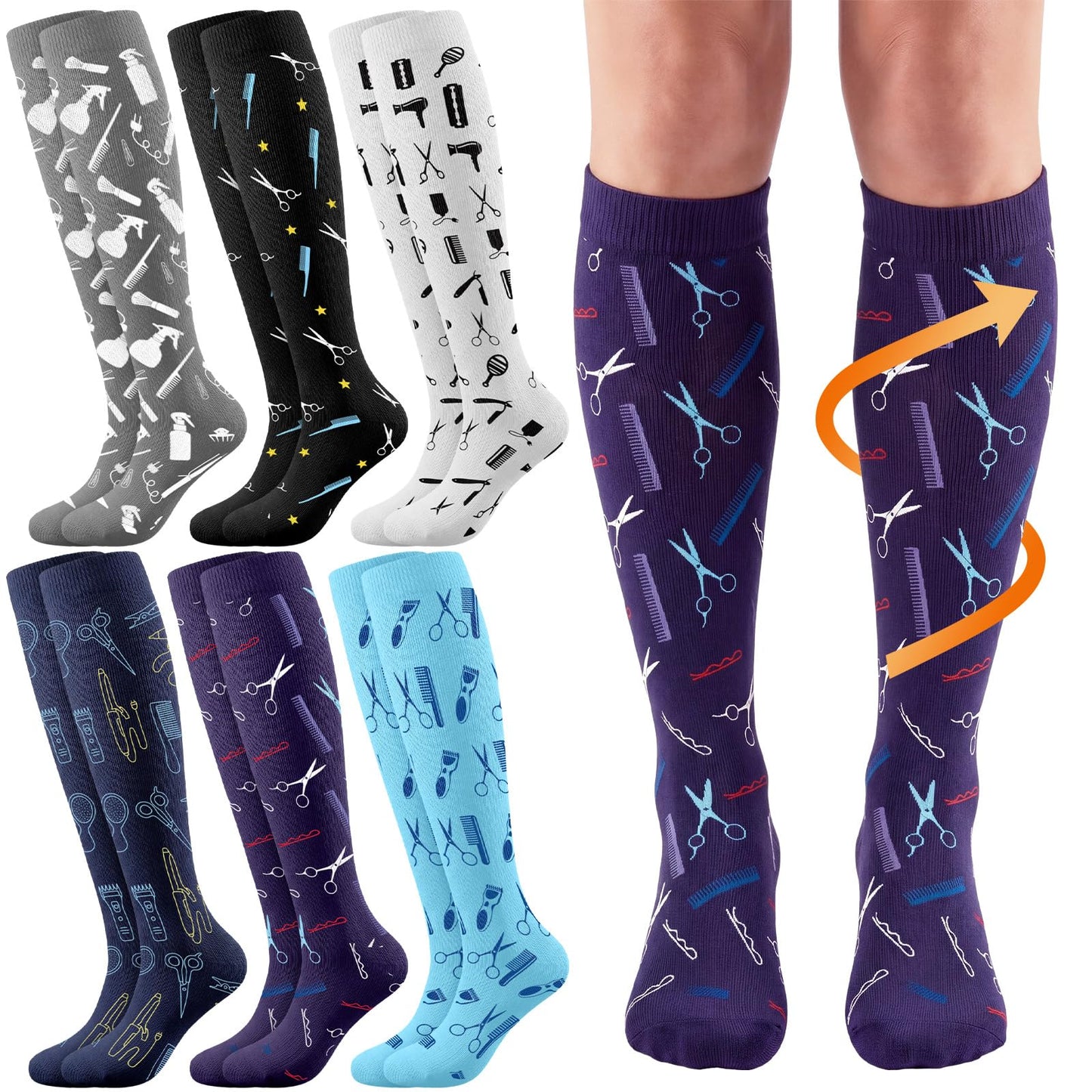 Janmercy 6 Pairs Knee High Barber Compression Socks, Unisex Hairdresser Gifts for Men Women, Long Hours on Your Feet Salon Work Socks for Travel Running