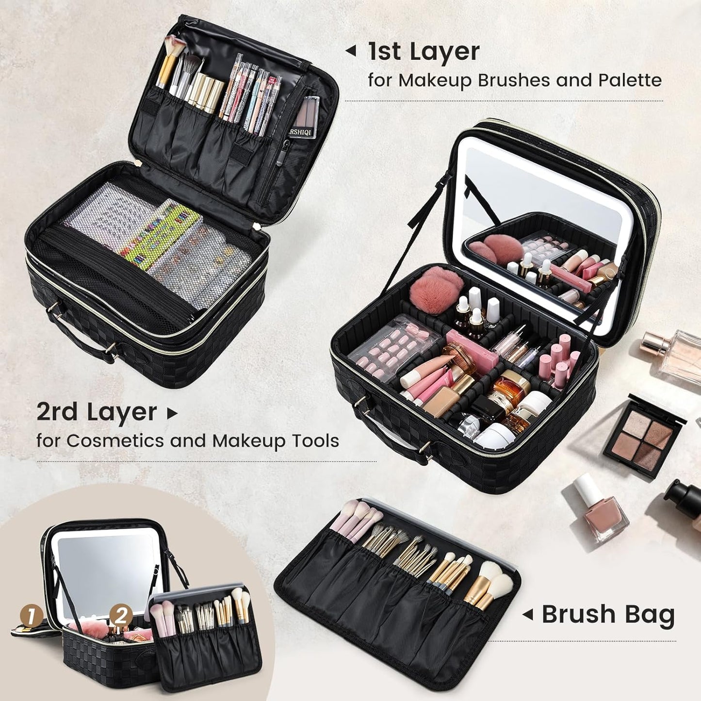 LED Lighted Makeup Bag - Double Layer Cosmetic Train Case with Adjustable Brightness | Black Checkerboard Design