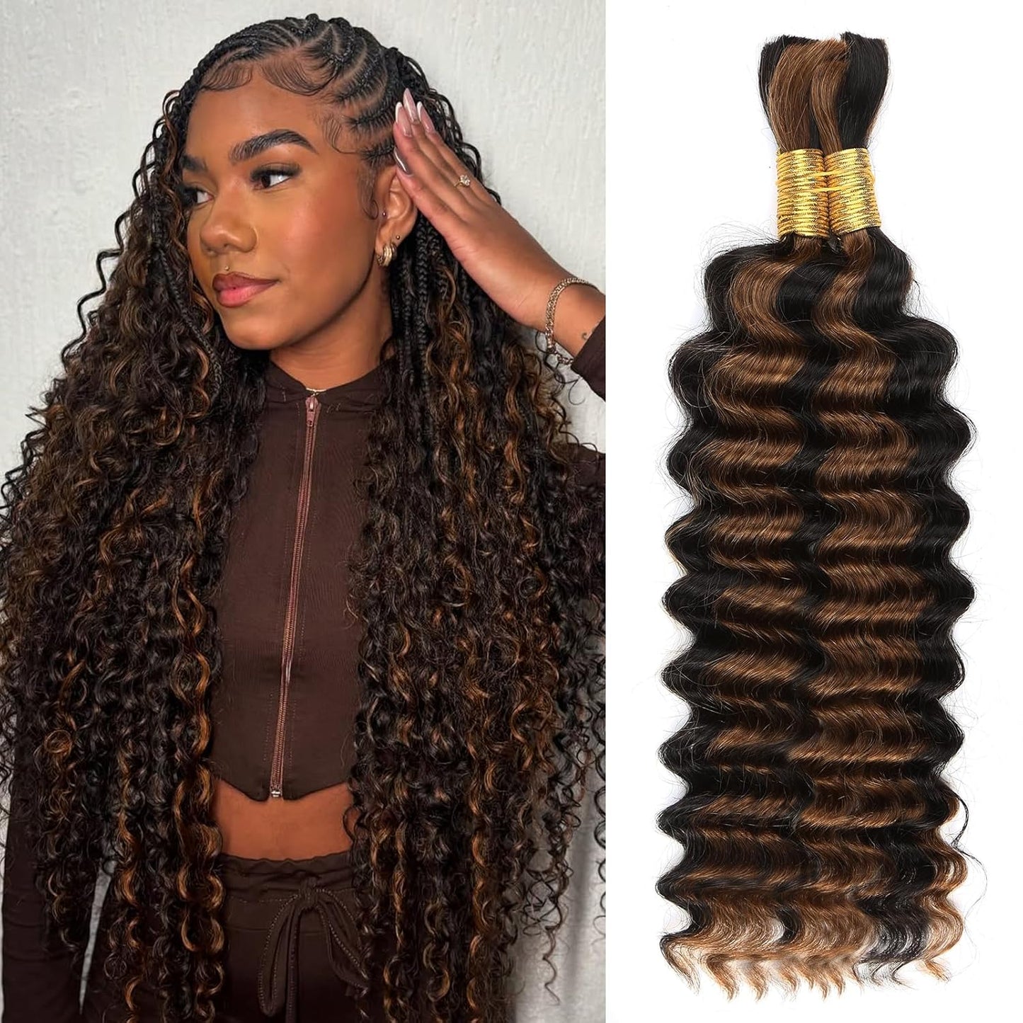 Human Braiding Hair - 14 Inch Ombre Highlight Deep Wave Bulk Extensions | Curly Bundles for Knotless Braids (4/27)