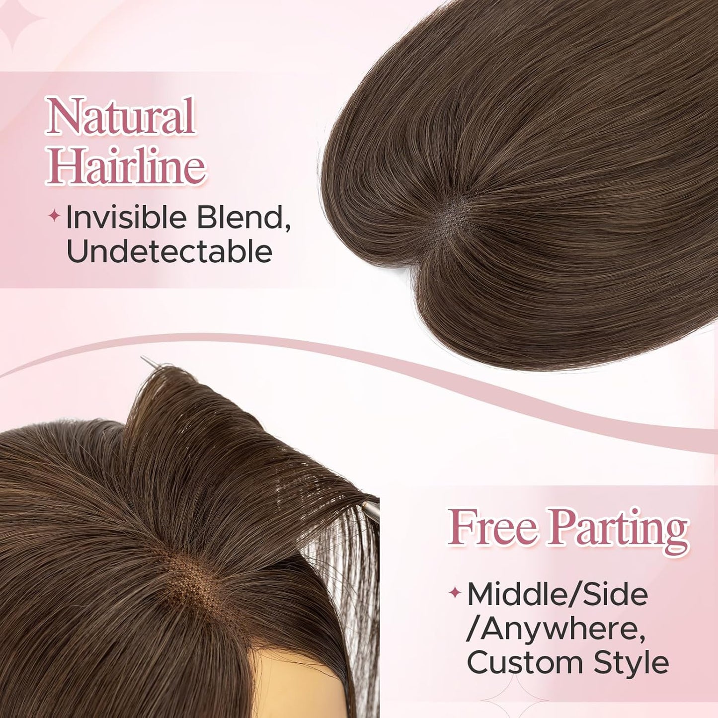 **Hair Toppers for Women - Real Human Hair with Curtain Bangs | 10-Inch Lace Base Clip-In Piece - #02 Dark Brown**