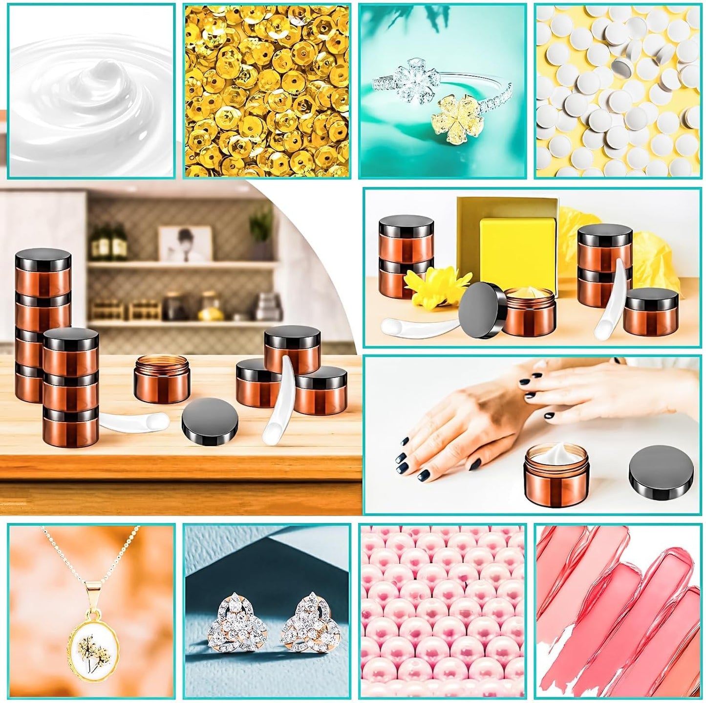 Amber Plastic Jars - 20 Pack 1oz Refillable Makeup Containers | Leakproof Travel Jars for Cream, Lotion, Powder