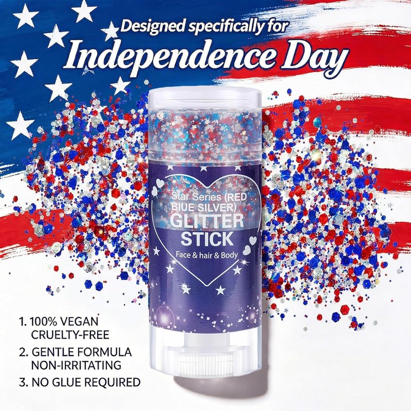 Patriotic Body Glitter Stick - Sparkling Red, White & Blue Face & Hair Makeup for 4th of July Celebrations | Waterproof Gel Kit