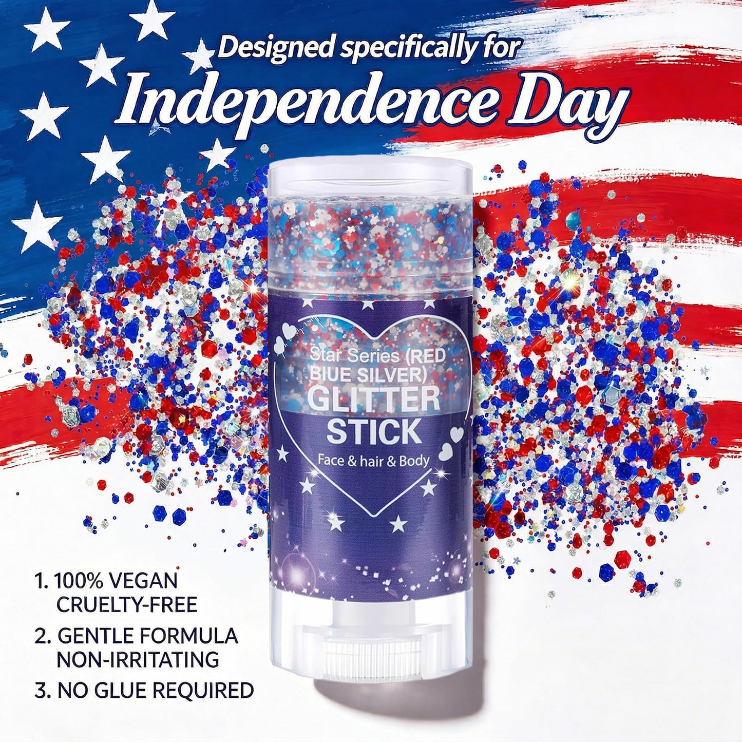 Patriotic Body Glitter Stick,4th of July Outfits and 250th Anniversary Accessories,Sparkling Face Hair Glitter Makeup for Women,Fourth of July Red White Blue Waterproof Hair Glitter,Face Paint Gel Kit