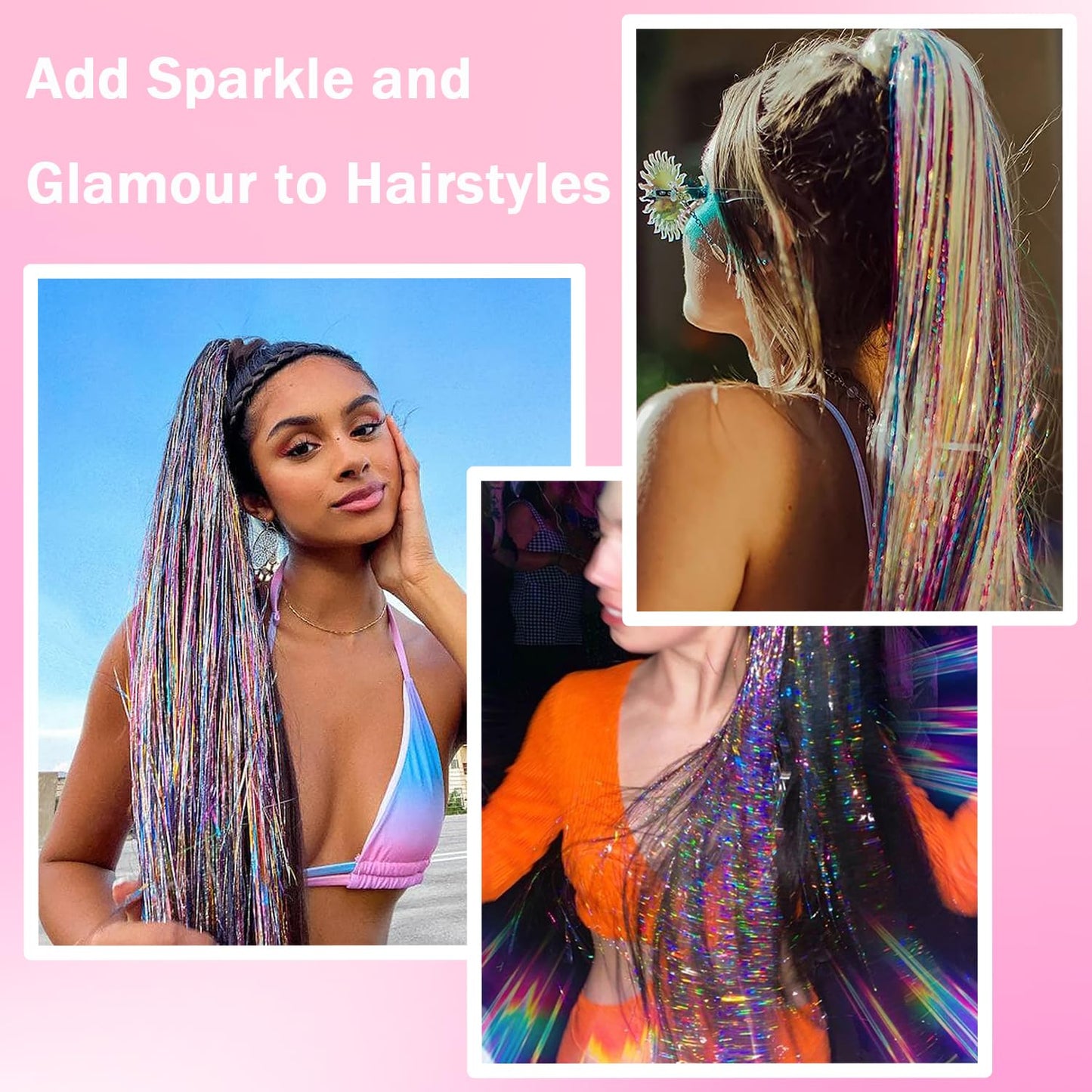 NIACONN Glitter Hair Tinsel Extensions Kit Rainbow Color with Tools and Beads, 48 Inch Sparkly Fairy Colorful Tensile Strands Shiny Hair Accessories for Women Girls Kids