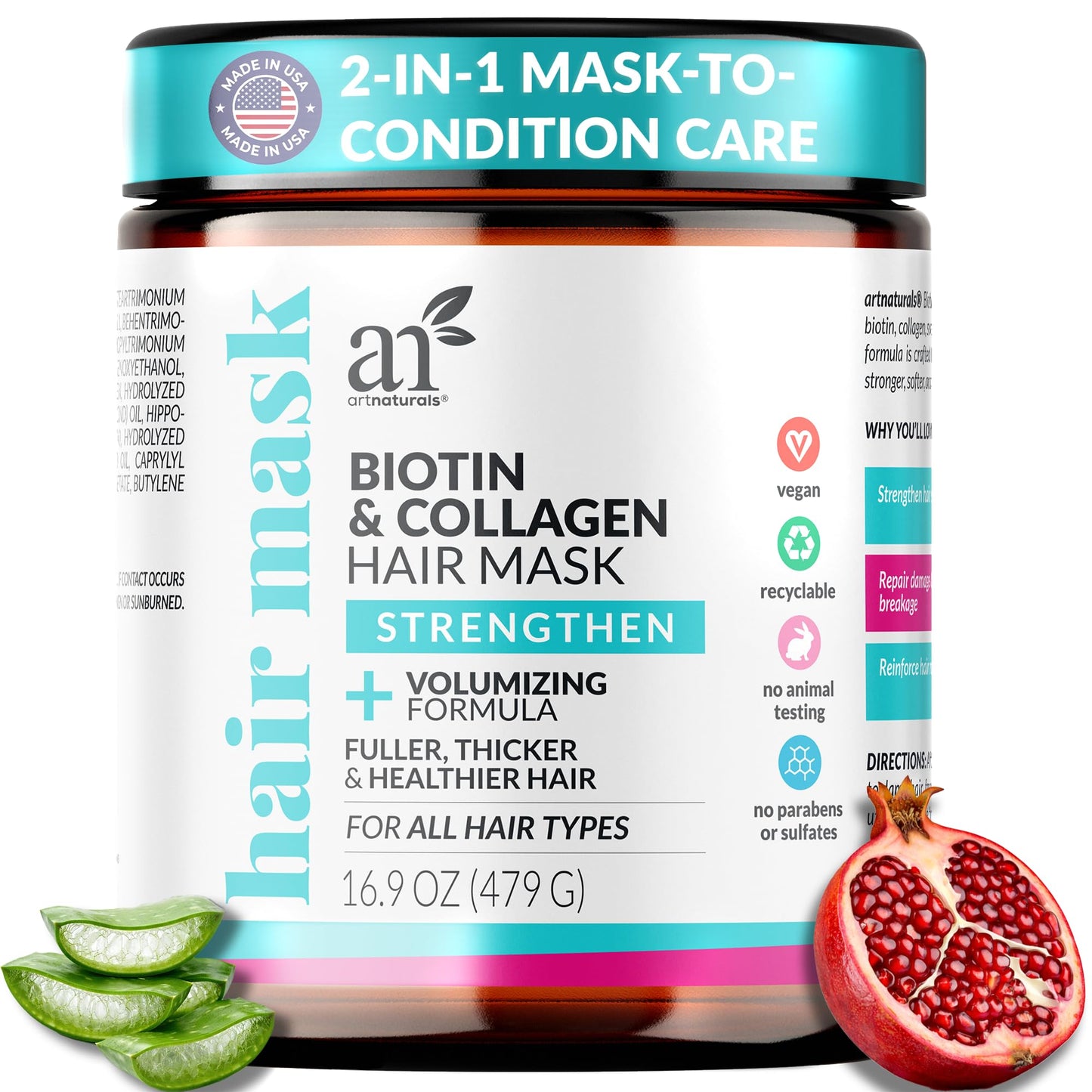 Artnaturals Biotin & Collagen Hair Mask – Strengthening & Volumizing Treatment for Fuller, Thicker Hair – With Jojoba, Almond & Sage Oils – Vegan, No Parabens or Sulfates – 16.9 oz