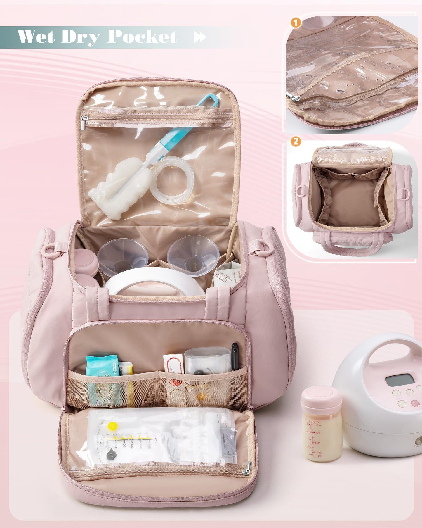 Marscamd Quilted Breast Pump Bag Compatible with Spectra S1 and S2, Pumping Bag with Cooler Compartment and a Drying Mat, Pink