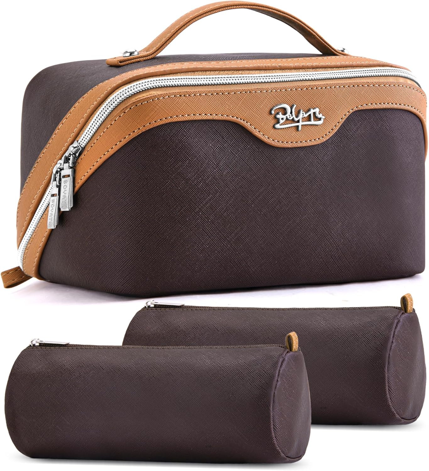 Travel Makeup Bags for Women - Large Capacity Vegan Leather Cosmetic Bag Set of 3 | Waterproof Toiletry Organizer (Royal Blue)