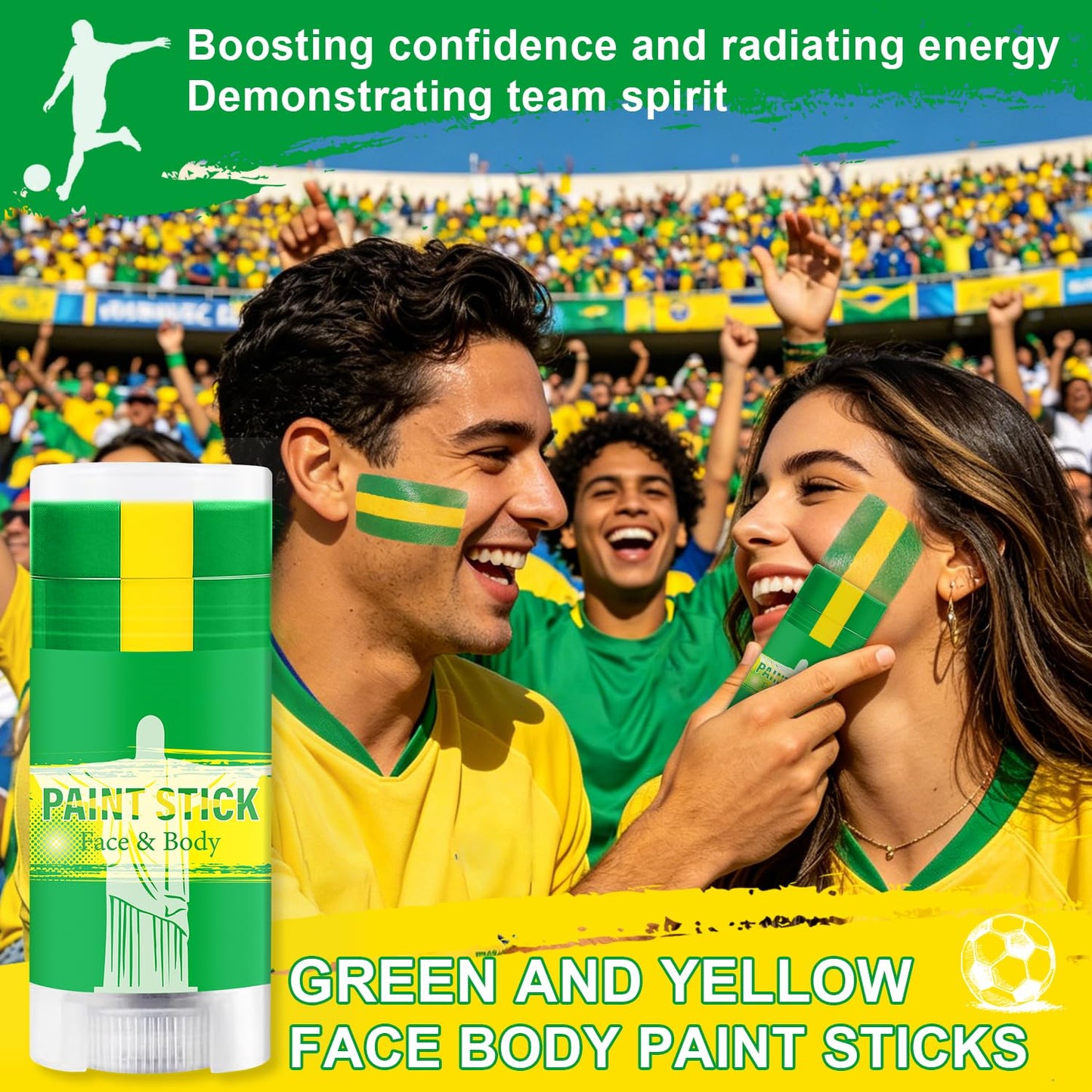 Green Yellow and Green Brazil Face Body Paint Stick for 2026 World Cup Fan Soccer Baseball Softball Sports Eye Black Stick Makeup (Brazil)
