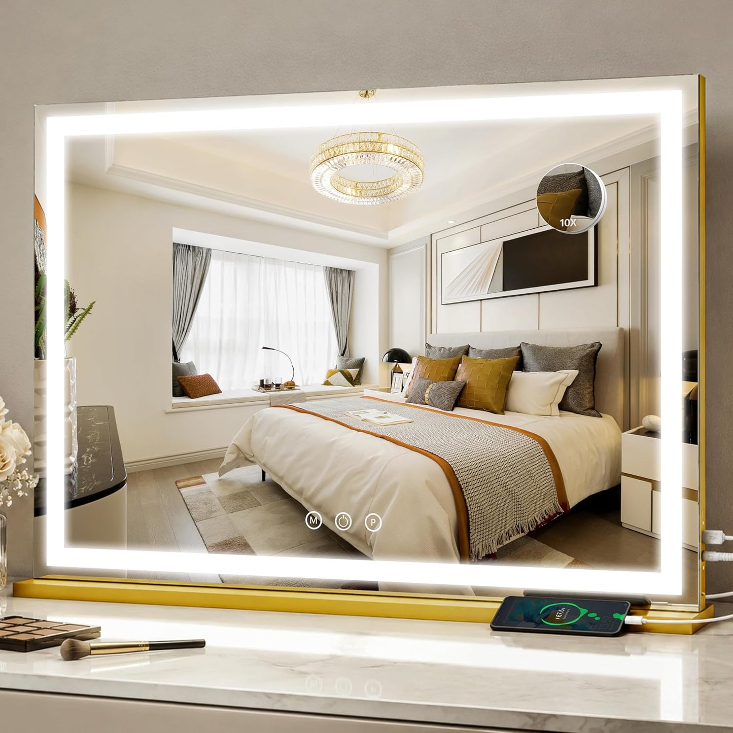 FENNIO LED Vanity Mirror with Lights - 23" x 18" Hollywood Makeup Mirror | 3 Color Modes & Adjustable Brightness, Gold Finish