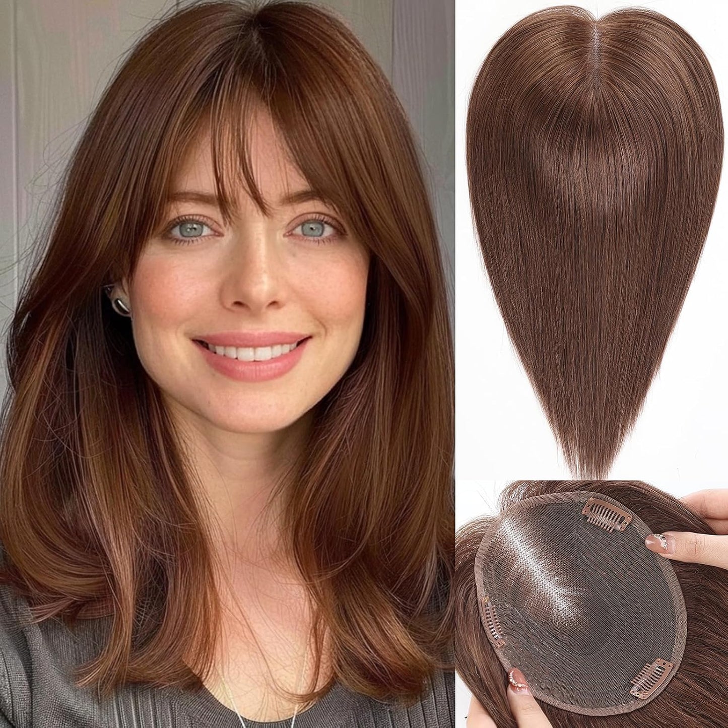 Real Human Hair Toppers for Women - 14 Inch Silk Base | Ash Blonde Mixed Brown with Bangs - 60g
