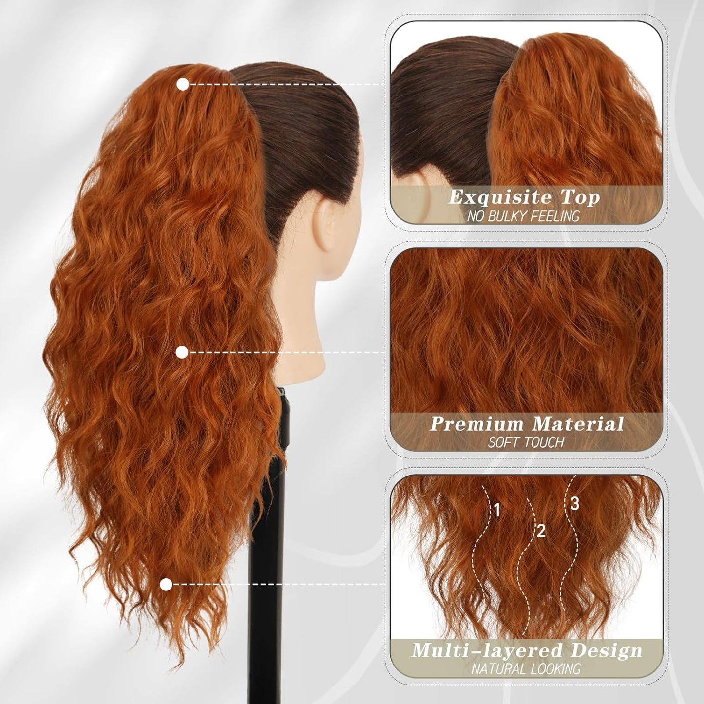 Copper Ponytail Extension - 18 Inch Curly Wavy Claw Clip Hairpiece | Ginger Copper Multi-Layered Style