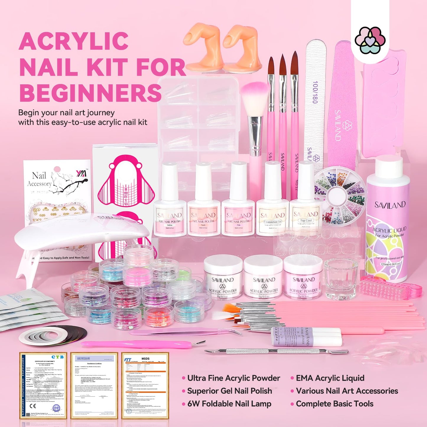 SAVILAND Acrylic Nail Kit with Everything: Professional Nails Kit Set for Beginner Acrylic Powder & Liquid Gel Polish Kit U V Light Full Nail Supplies Essential Tools DIY Home Salon Christmas Gift