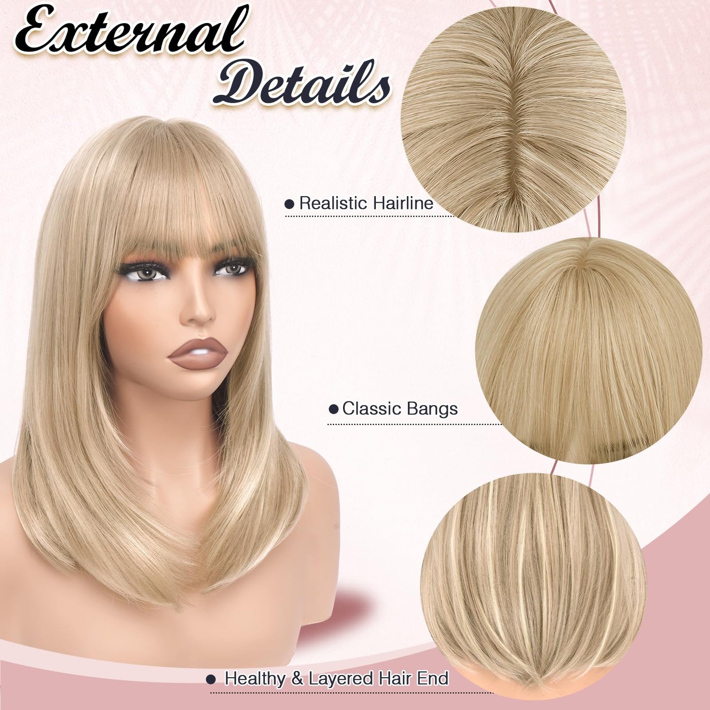Haloo Blonde Bob Wigs with Bangs Shoulder Length Straight Natural Looking Synthetic Heat Resistant Medium Hair Wigs for Women Daily Party, 16 Inch Dirty Blonde