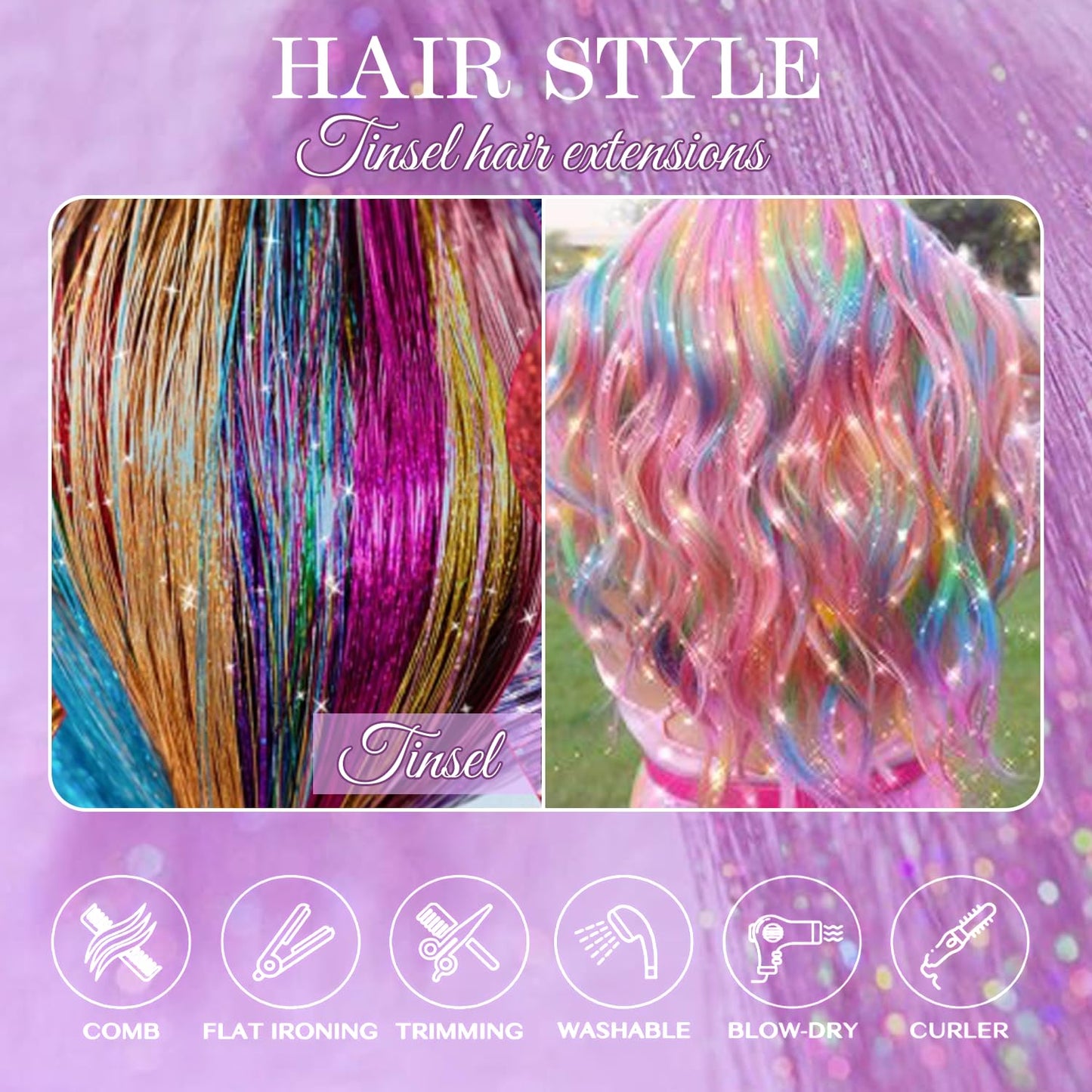 Hersun Hair Tinsel Kit - 10 Colors, 3200 Strands, 48in | Heat-Resistant Fairy Hair Extensions for Parties & Festivals