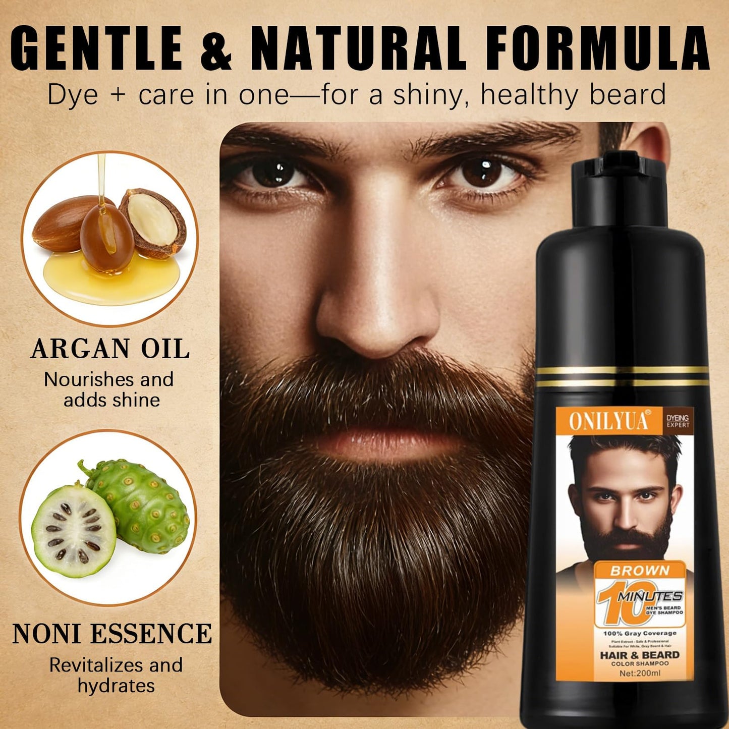 Beard Dye For Men, 10-Minute Instant Gray Coverage, 3 in 1 Brown Mens Beard & Mustache Dye Shampoo with 4-6 Weeks Lasting Color, Nourishing with Argan Oil & Noni Fruit, No-Mess Application 6.76 Fl Oz