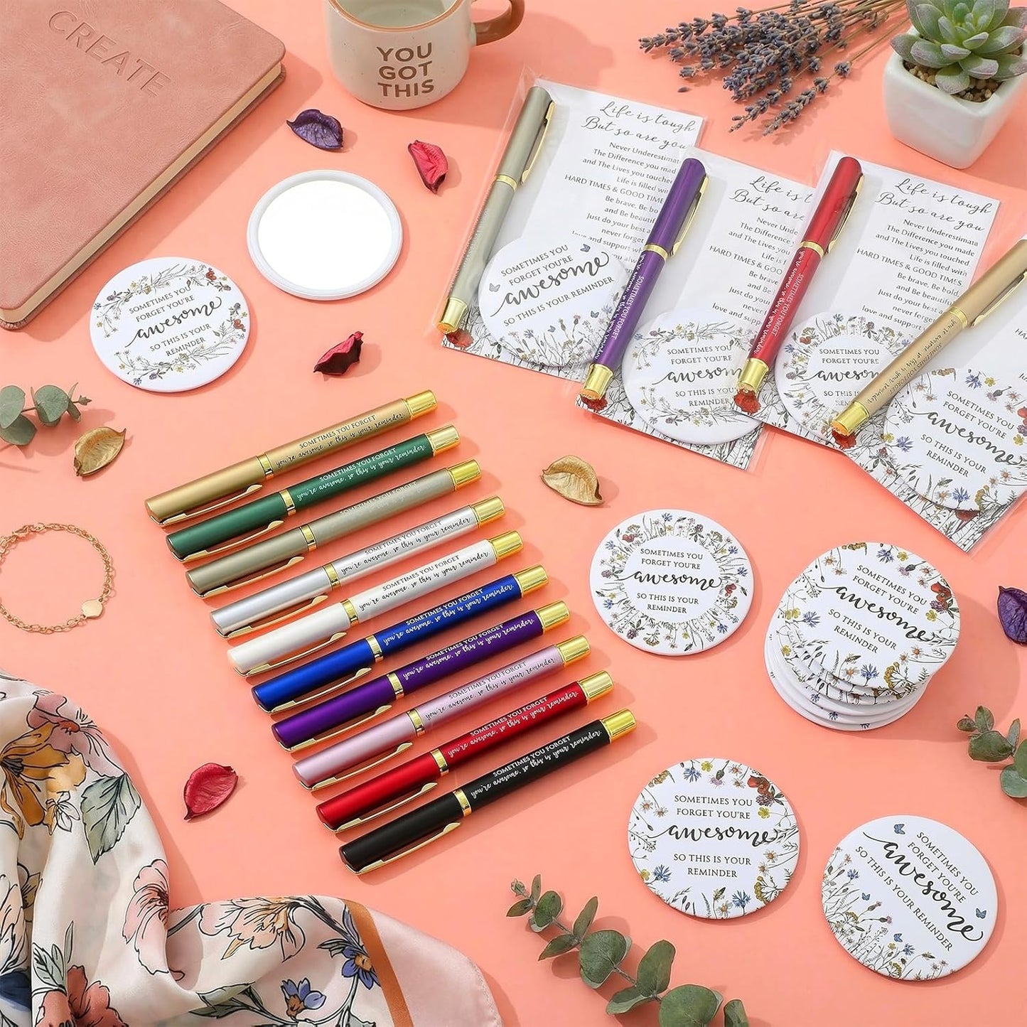 Inspirational Gifts for Women - 20 Sets Mini Compact Mirrors & Positive Pens | Perfect for Graduation, Nurses, Teachers & Coworkers