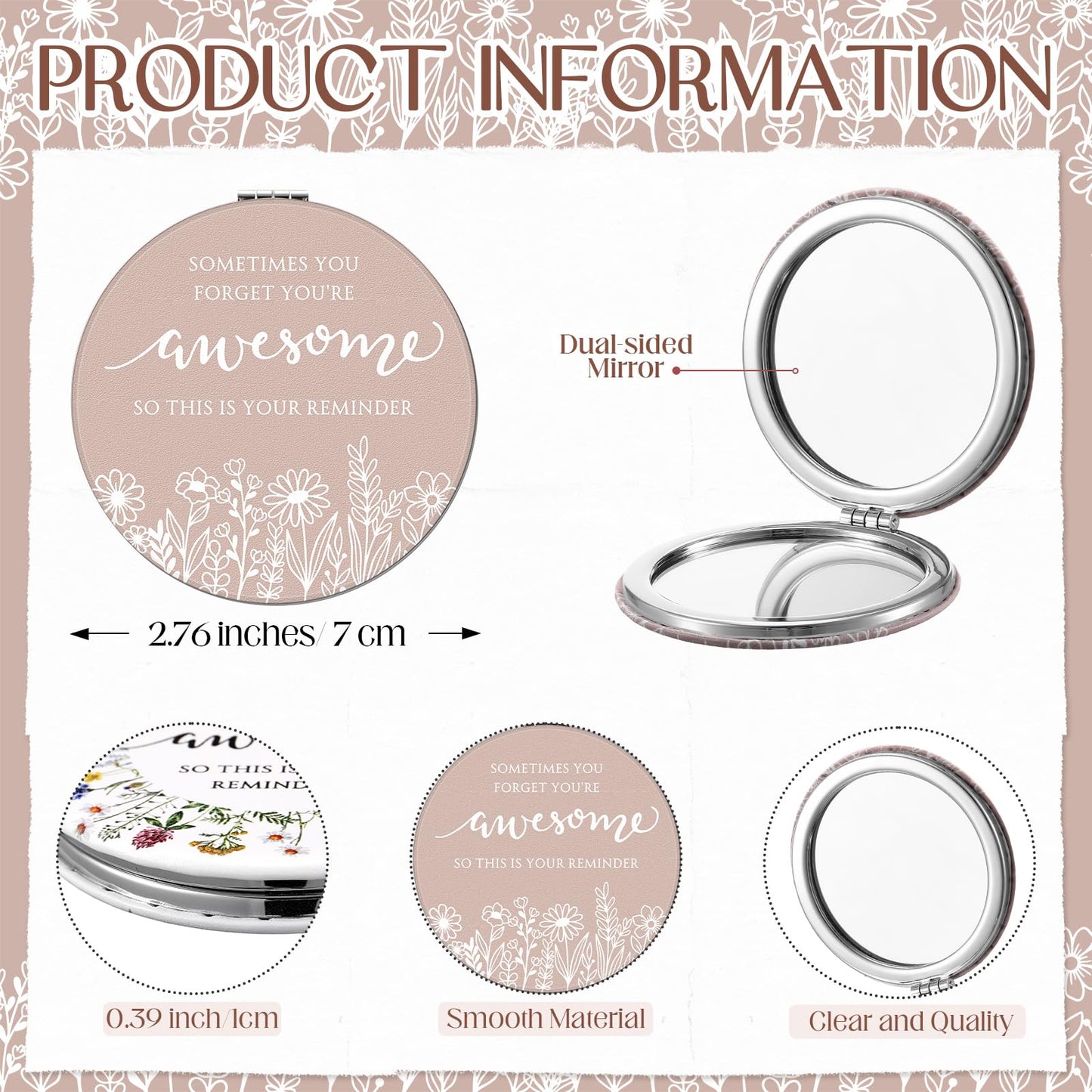 CroBlissful Inspirational Gifts for Women Bulk Wildflower Compact Mirror Makeup Purse Double Sided Folding Mirror Inspirational Gift Cards with Bag for Women(12 Set,Classic)