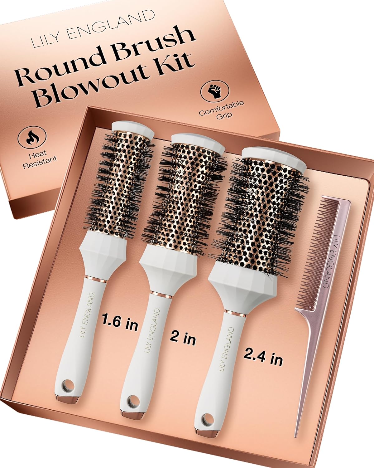 Round Hair Brush Set - 4 Piece Professional Blow Dry Kit with 3 Brushes & Comb | Ideal Beauty Gift for Women - White