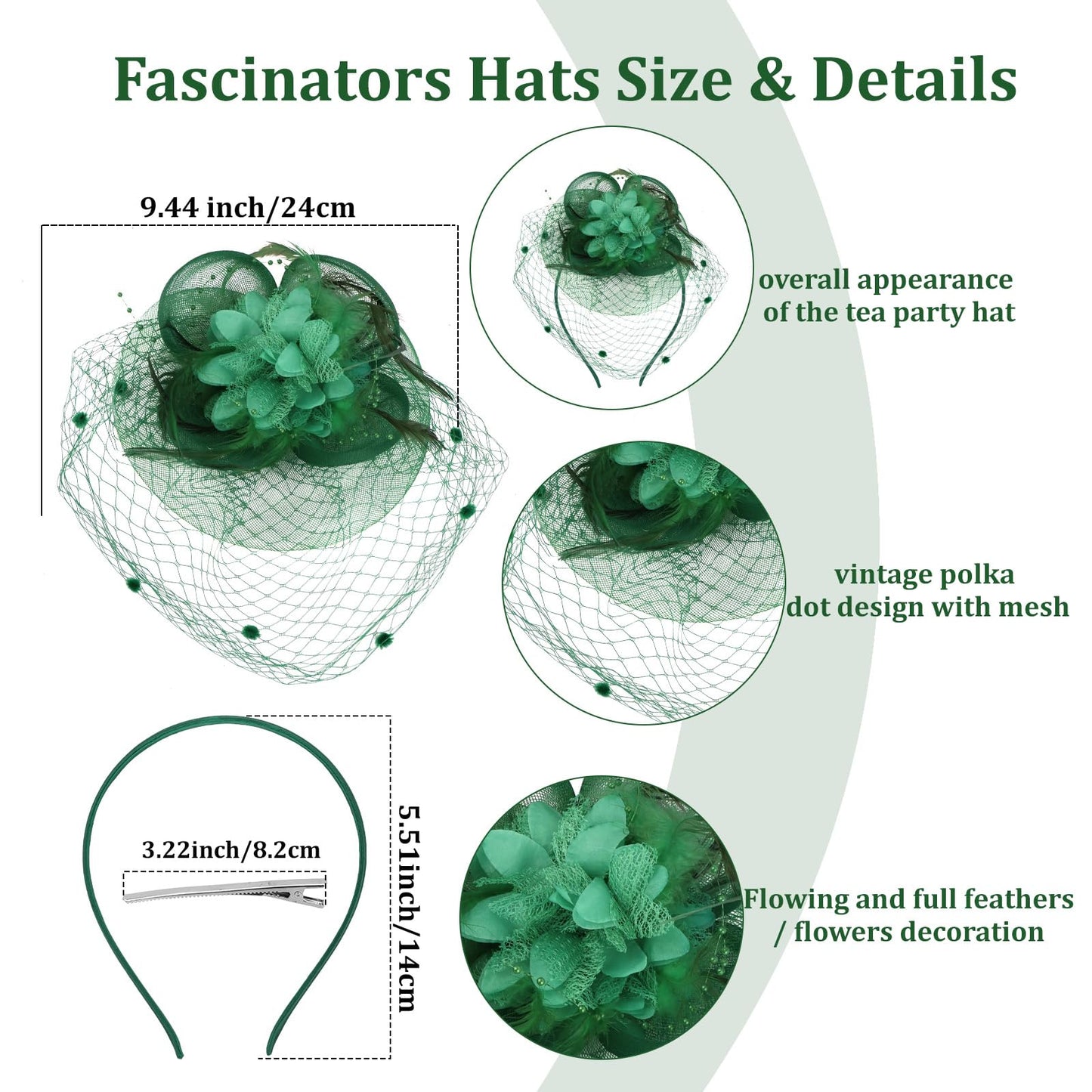 Semato Fascinators Hats for Women Mesh Feathers Elegant Green Tea Party Kentucky Hat Derby Headband with Hair Clip