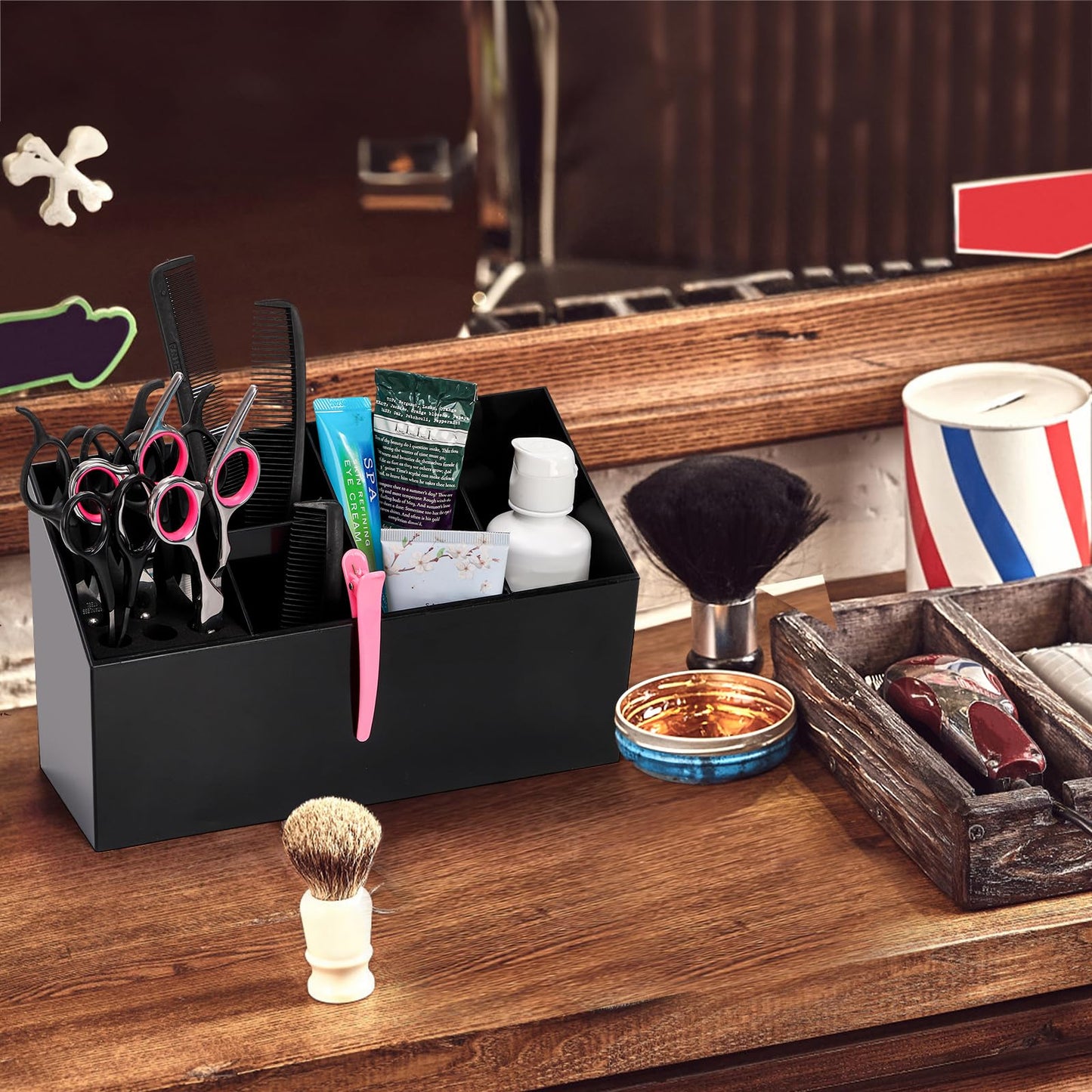 Hedume Hair Scissors Large Storage Box, Hair Salon Supplies Accessories Tool Station Desk Organizer Case, Salon Shear Holder, Professional Hairdressing Combs, Clips, Brushes Storage Racks Tool Box
