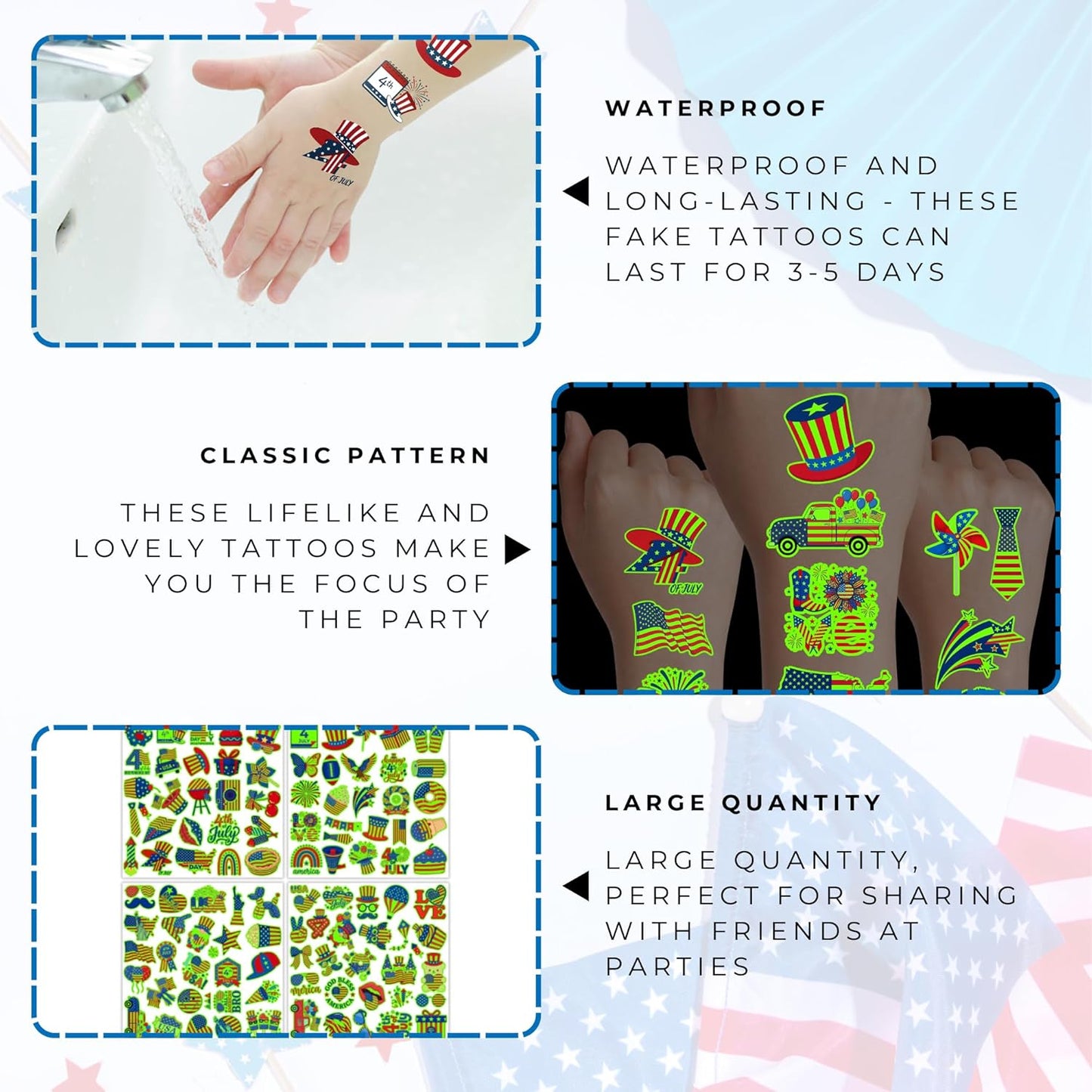 105PCS 4th of July Temporary Tattoos | Patriotic USA Flag Stickers for Kids & Adults - Red, White & Blue Party Favors