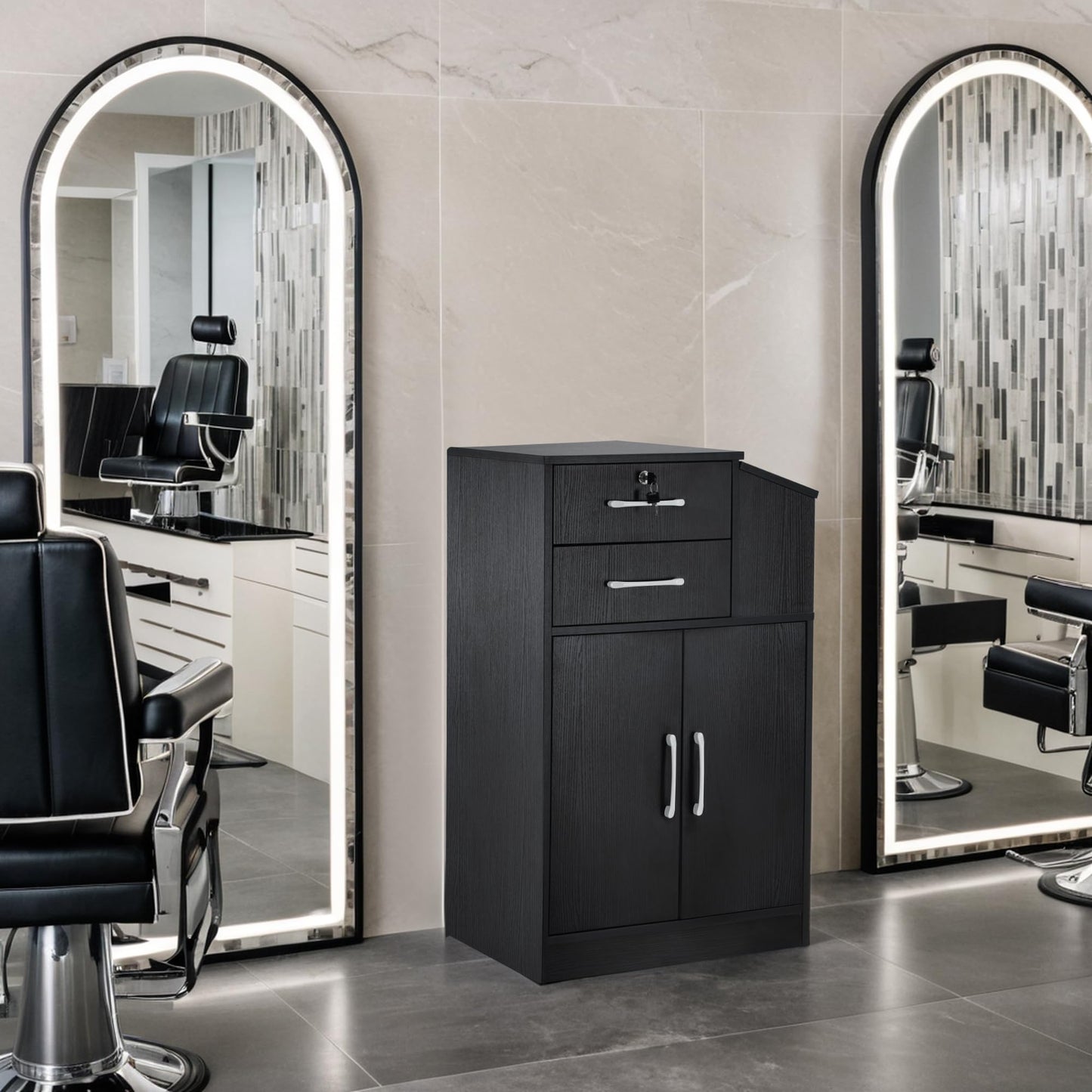 BarberPub Locking Barber Station with 2 Drawers Cabinet Beauty Salon Storage Equipment with Holders for Hair Stylist Spa 2005 (Black)