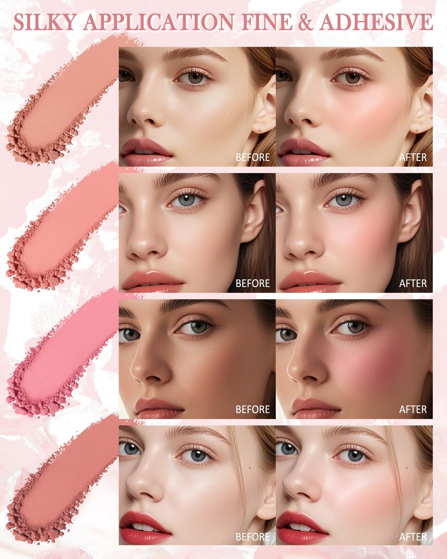4 Colors Blush Palette for Cheeks, Matte Pink Face Contour Blush Powder, Long Lasting Blendable Blusher Palette, Natural Finish, High Pigment Beauty Blushes with Brush Makeup Gift Kit for Women-Set Y1