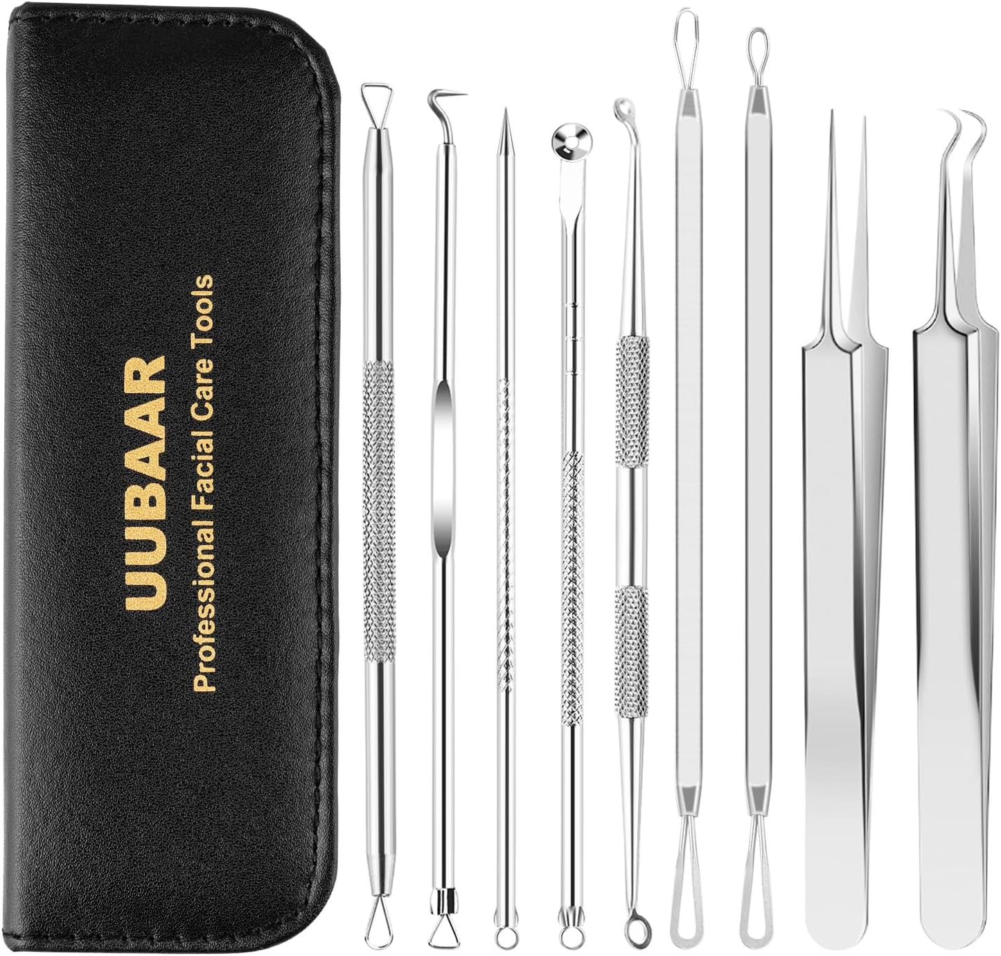 UUBAAR Blackhead Remover Tools Kit - 9PCS Stainless Steel Acne Extractors & Tweezers | Precision Face & Nose Care Set