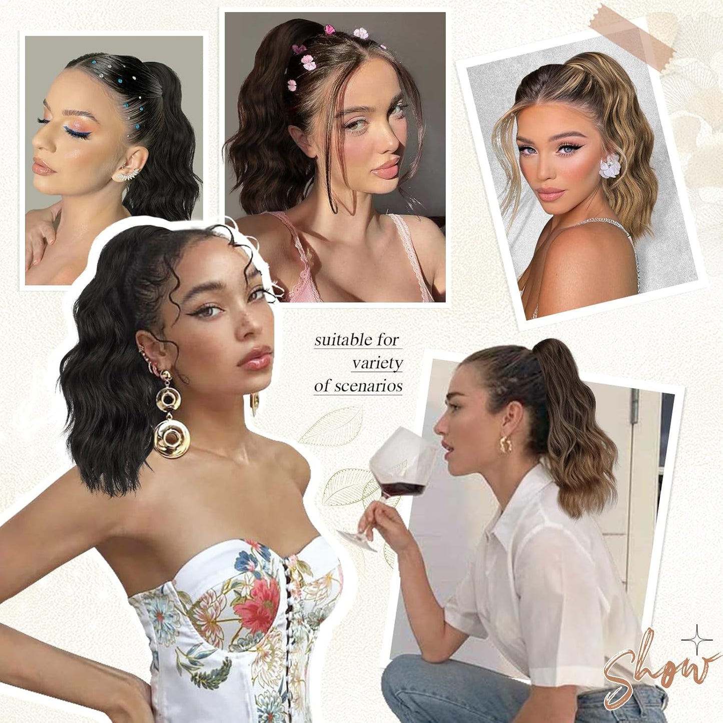 Ponytail Extension - Short Wavy Claw Clip-In Synthetic Hairpiece | Black Layered Curly Drawstring for Women