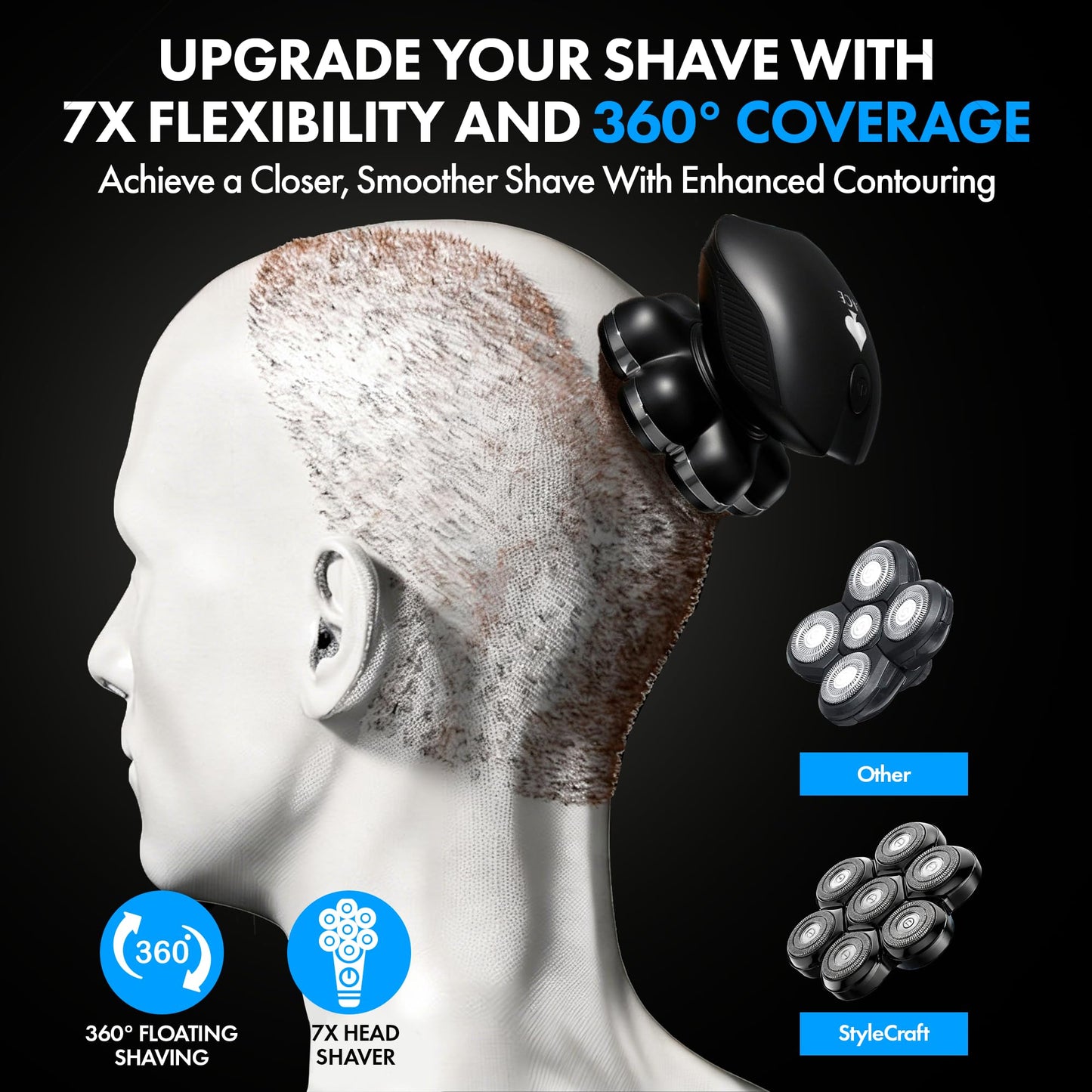 StyleCraft Ace 7X Rotary Bald Head Shavers for Men, Up To 8500 RPM Motor Cordless Electric Head Shaver & Razor with 7 Floating Flex Heads IPX7 Waterproof Wet & Dry Razor USB-C Rechargeable LCD Display