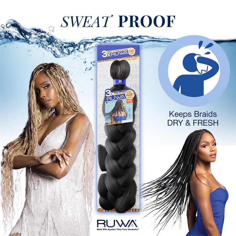 Sensationnel Ruwa prestretched braiding hair - 3x 48 inch water repellent kanekalon fast dry synthetic sports itch free (1 pack, 1B OFFBLACK)
