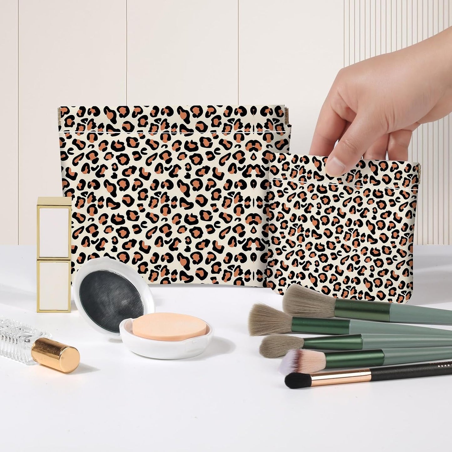 Leopard Print Makeup Bag Set - 2 PCS PU Leather Cosmetic Organizer | Portable Travel Pouch for Women