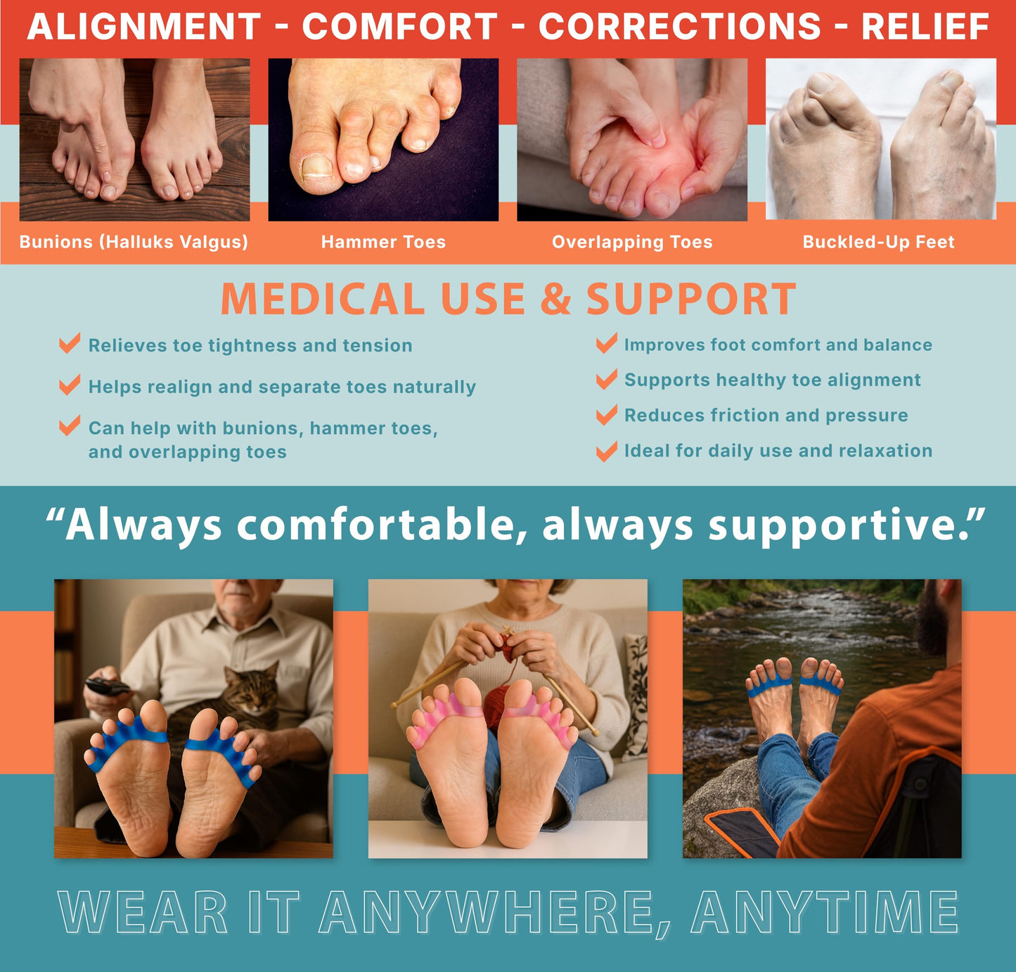 TEGA Toe Separators & Spacers for Men and Women - Silicone Toe Straightener for Bunion Correction, Plantar Fasciitis & Hammer Toe Relief - Restore Natural Foot Shape (Small/Medium)