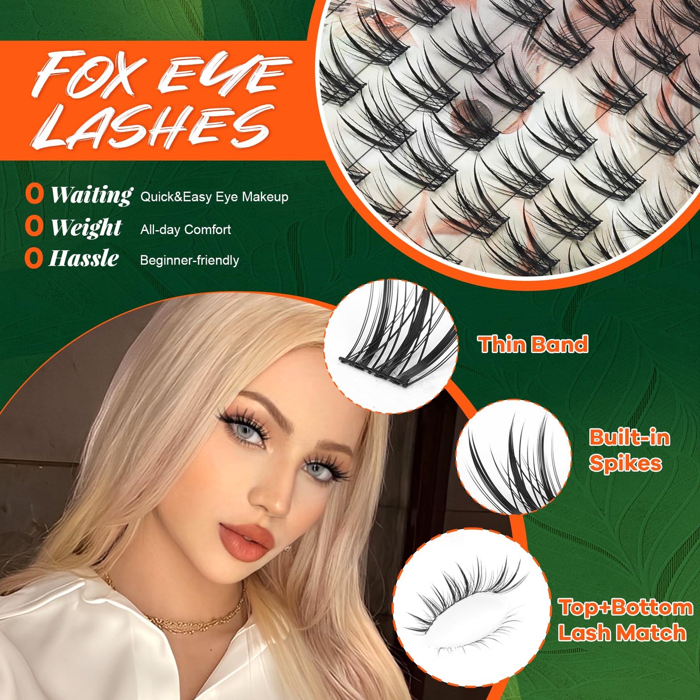 KEYYOU Lash Clusters Kit 96pcs Fox Eye Lashes Lash Extension Kit with Bottom Lash Clusters and Spikes Eyelash Extension Kit with Bond and Seal Applicator and Remover for DIY Fox Lashes at Home(TuShan)