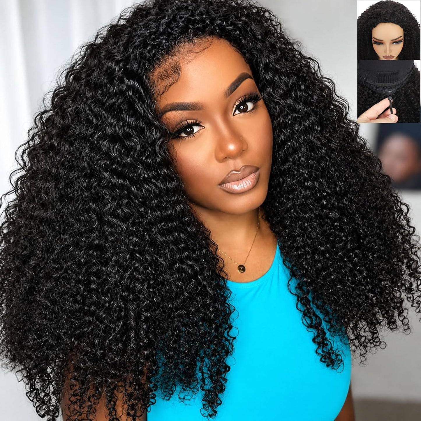 Kinky Curly Half Wig - 18 Inch 200 Density Human Hair Blend | Glueless Headband Wig in Natural Black for Easy Styling