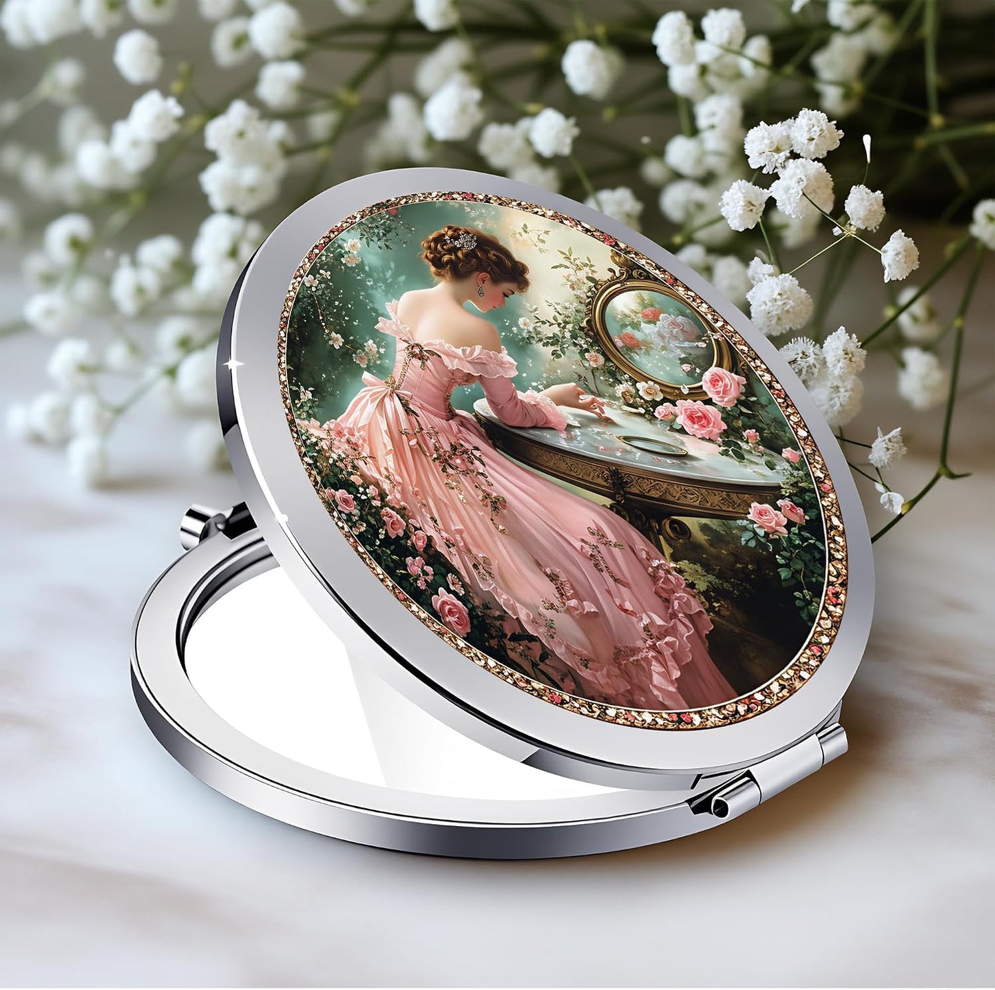 Silver Compact Mirror - Double-Sided Folding Makeup Mirror with Victorian Lady Design | 2.8x2.8 Inch