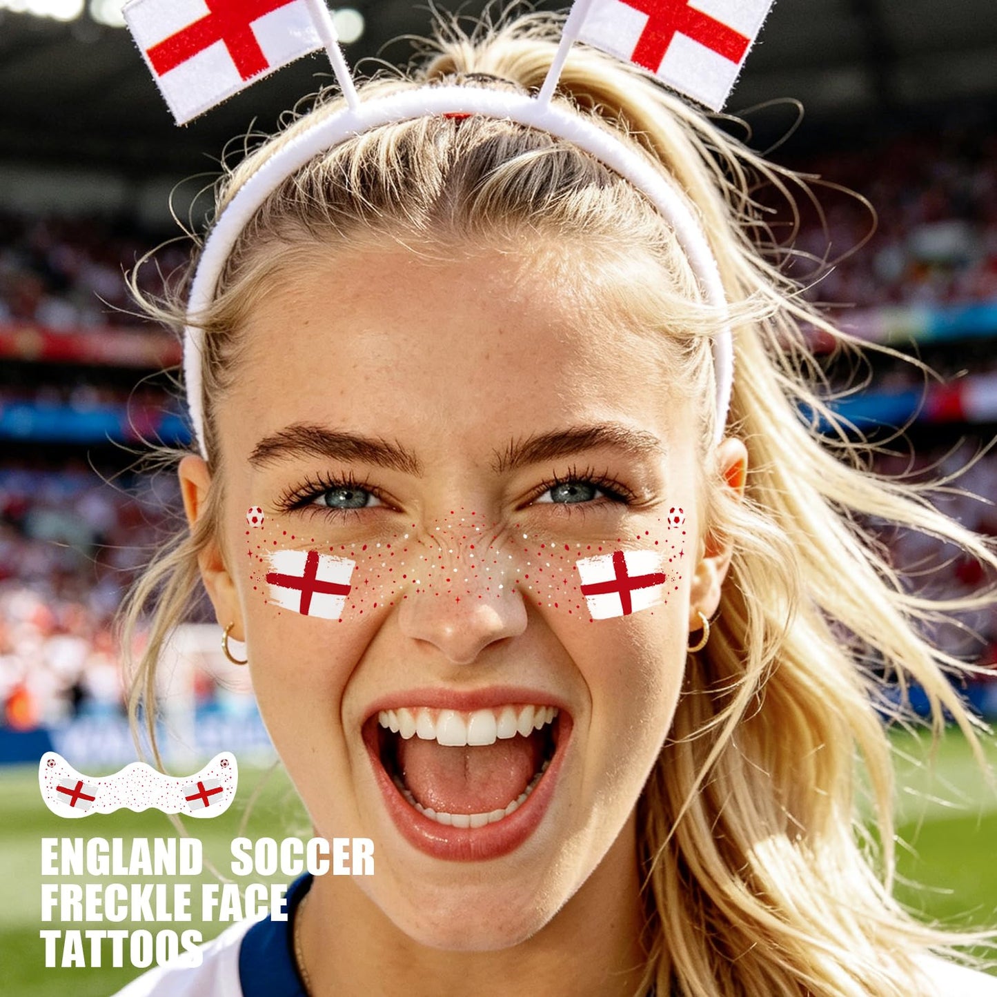 VXZ Red & White Soccer Fan Freckles Face Tattoo - Cross Flag Brushstroke Temporary Tattoos | Waterproof Sports Sparkle Stickers for Football Matches & Game Day Celebrations (8 Sheets)