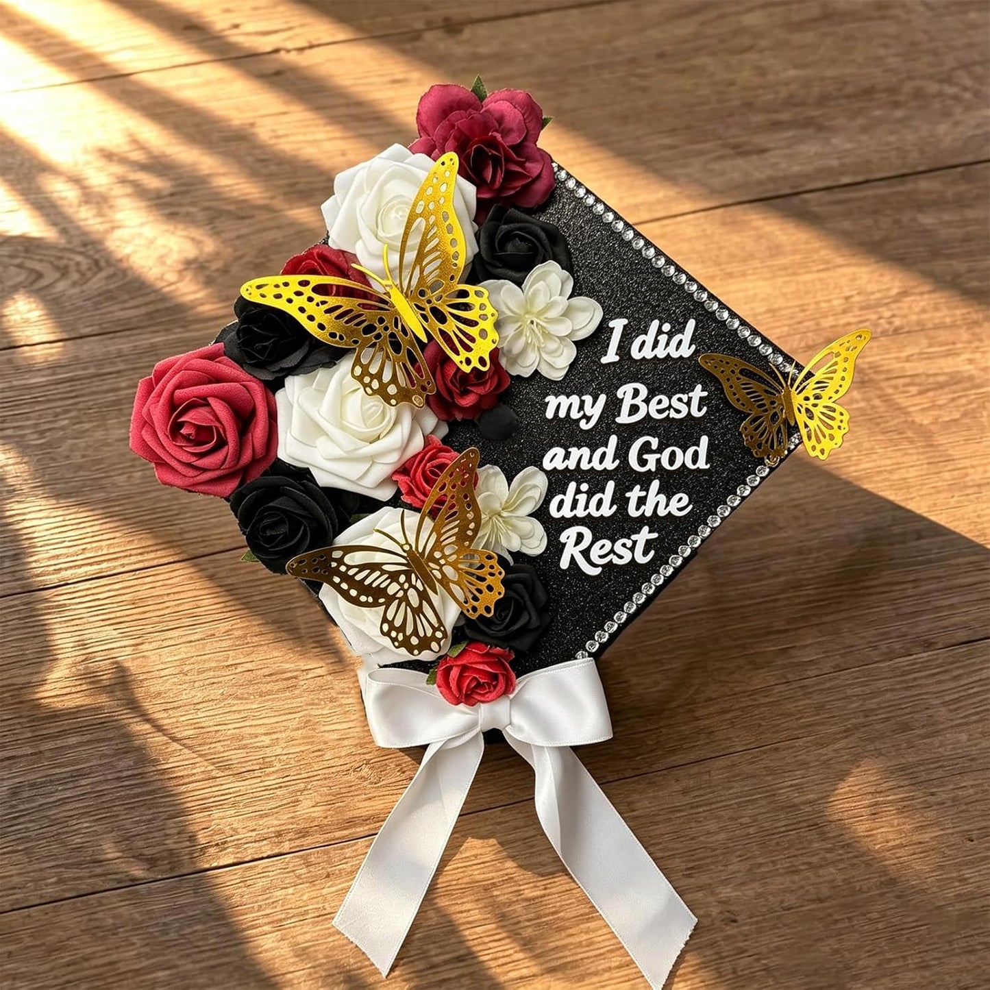 DIY Graduation Cap Decoration Kit - Faux Rose Flower Heads & 3D Butterfly Glitter Stickers | Black Grad Cap Topper