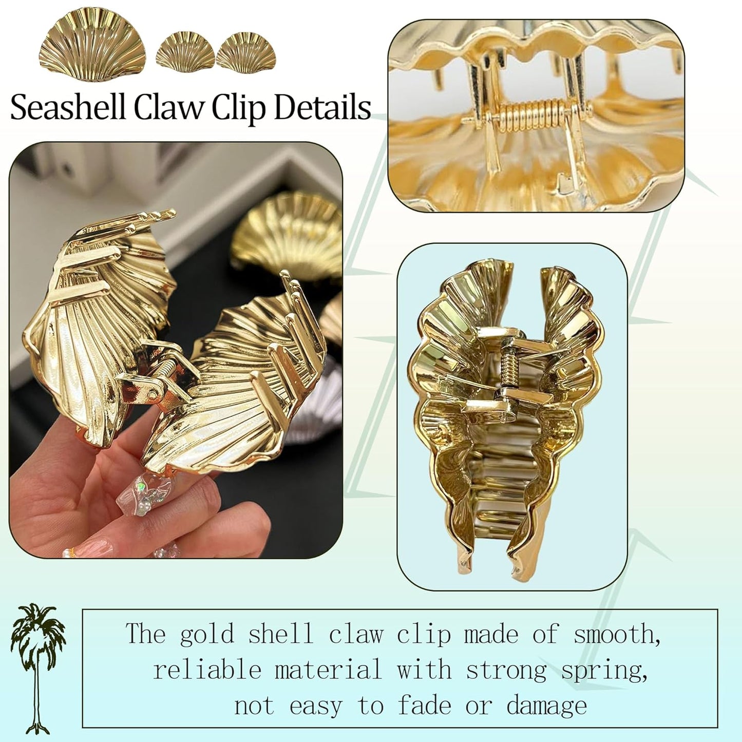 Seashell Hair Claw Clips - Gold Metal Clips for Thick/Thin Hair | 3PCS Set (1 Large + 2 Small)