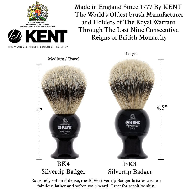 Kent BLK8 Shaving Brush with Soft Silvertip Badger Bristles and Black Resin Handle to use with Shave Cream or Soap for a Perfect Lather. Luxury Shaving Since 1777, Made in England