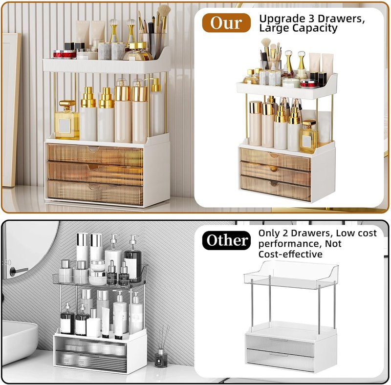 Makeup Organizer with 3 Large Drawers - 5 Tier Bathroom Storage & Versatile Vanity Organizer | Ideal for Cosmetics, Skincare, Face Masks, Amber