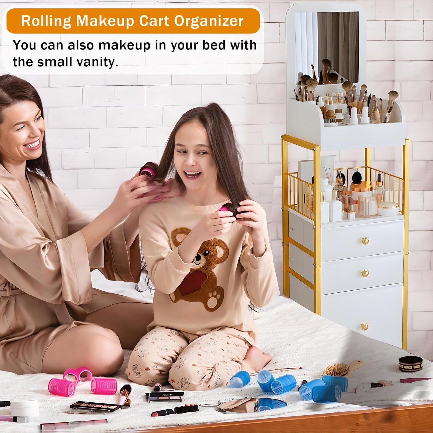 ZQUYAJ Makeup Cart Organizer with Mirror, Floor Makeup Organizer Large- Make Up Organizers Vanity Cart Cosmetic Display Cases Holder for Skin Care Perfume Nail Polish Brush Hair Tool (Gold)