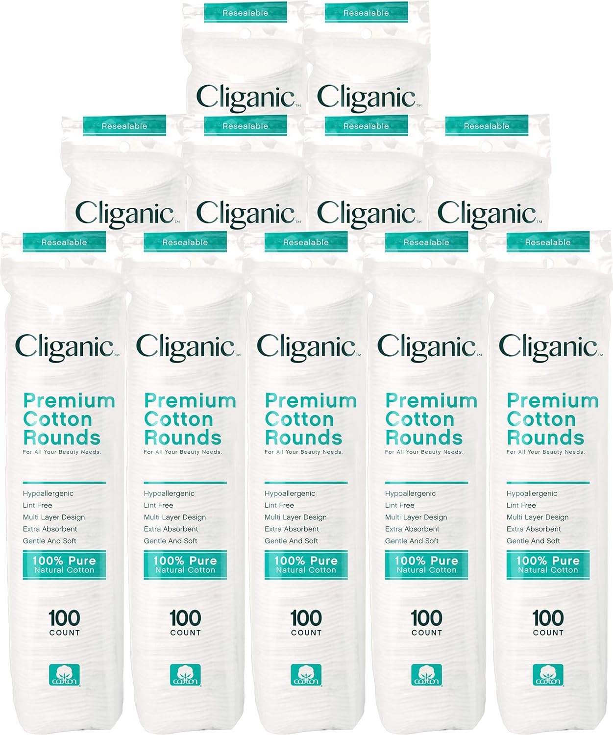 Cliganic Premium Cotton Rounds - Hypoallergenic Makeup Remover Pads | 1200 Count, Lint-Free, 100% Pure Cotton