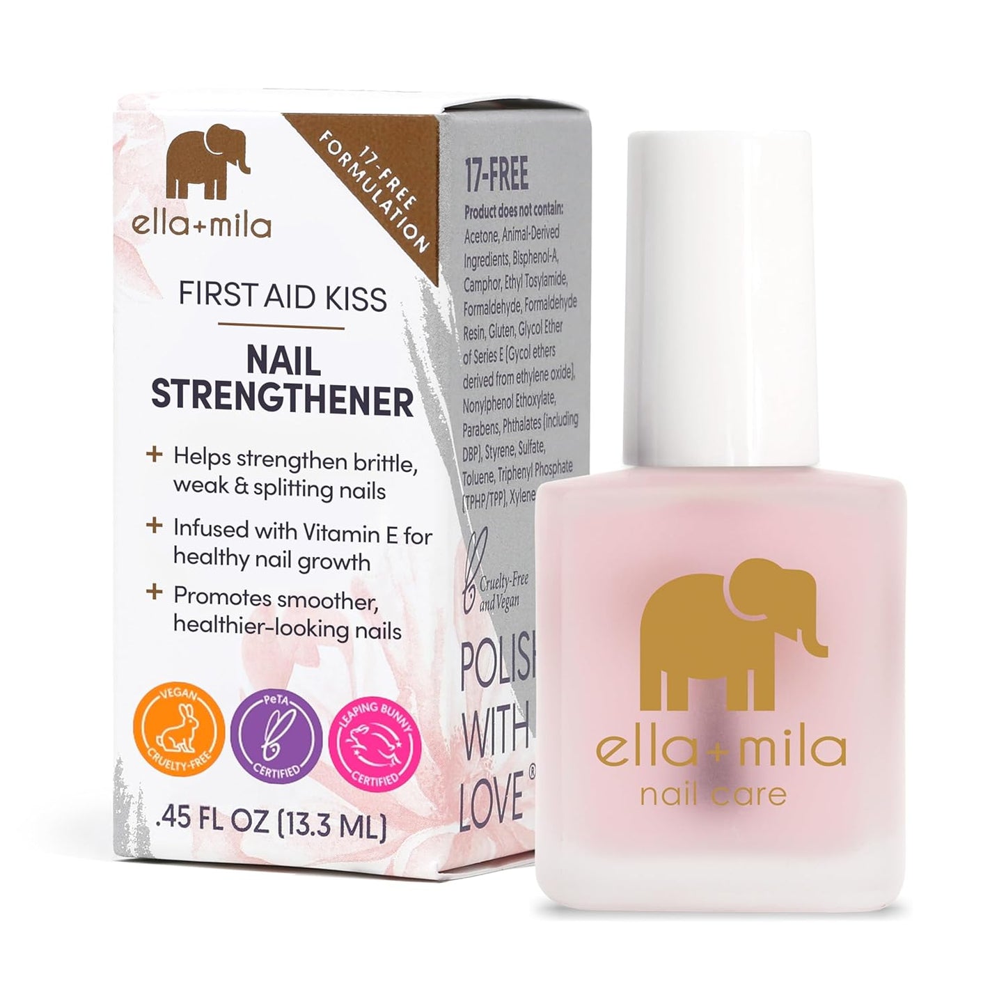 Nail Strengthener & Growth Treatment - Ella+mila First Aid Kiss Hardener for Damaged Nails | Vegan, 0.45 fl oz