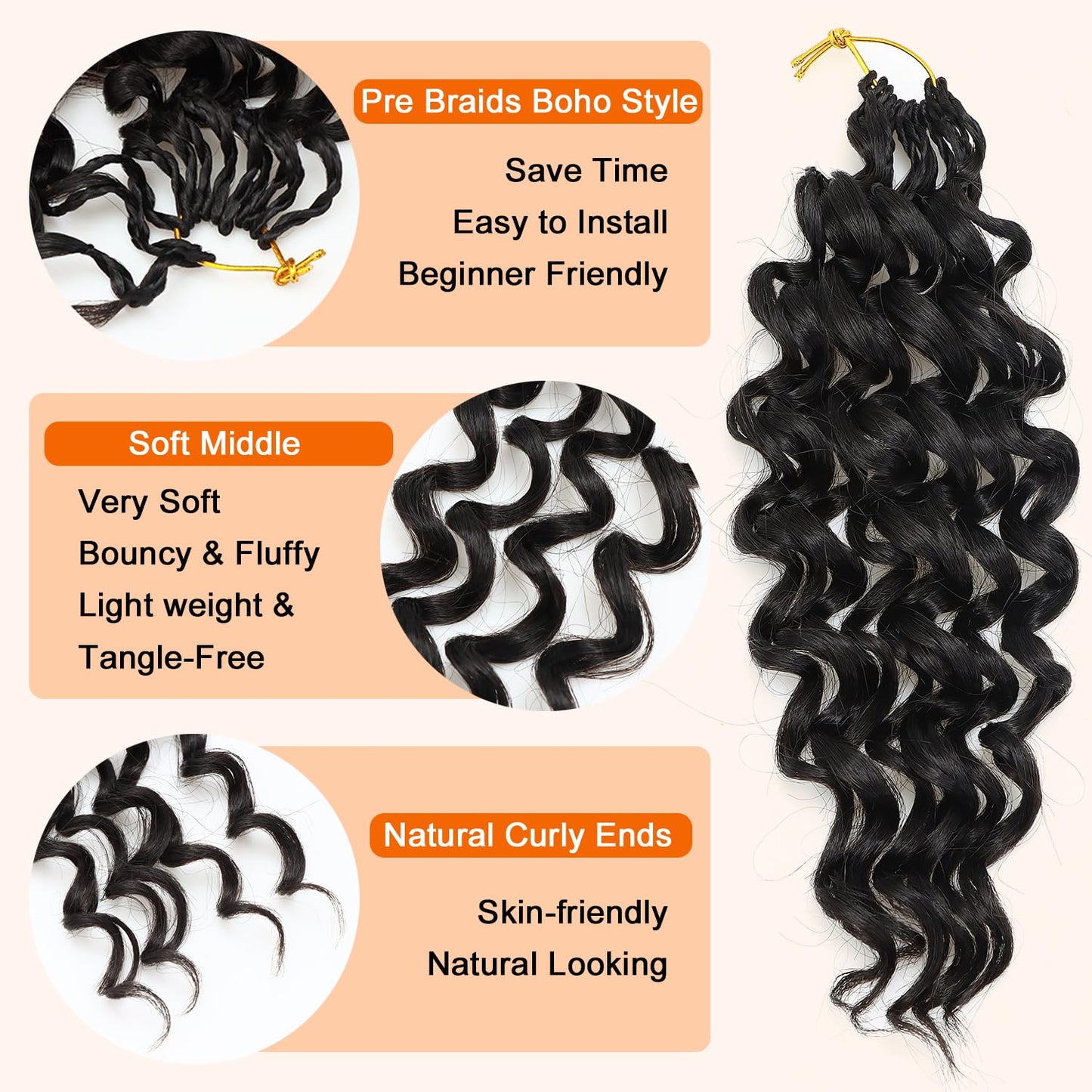 Black Curly Crochet Hair 8 Packs Boho Ocean Wave Crochet Hair 10Inch Synthetic Pre Looped Deep Water Wave Beach Curl Braiding Hair for Black Women (10 Inch,1B#)